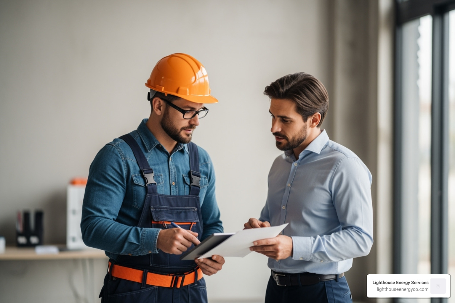 Commercial electrician discussing plans with a business owner on-site - Local commercial electrician