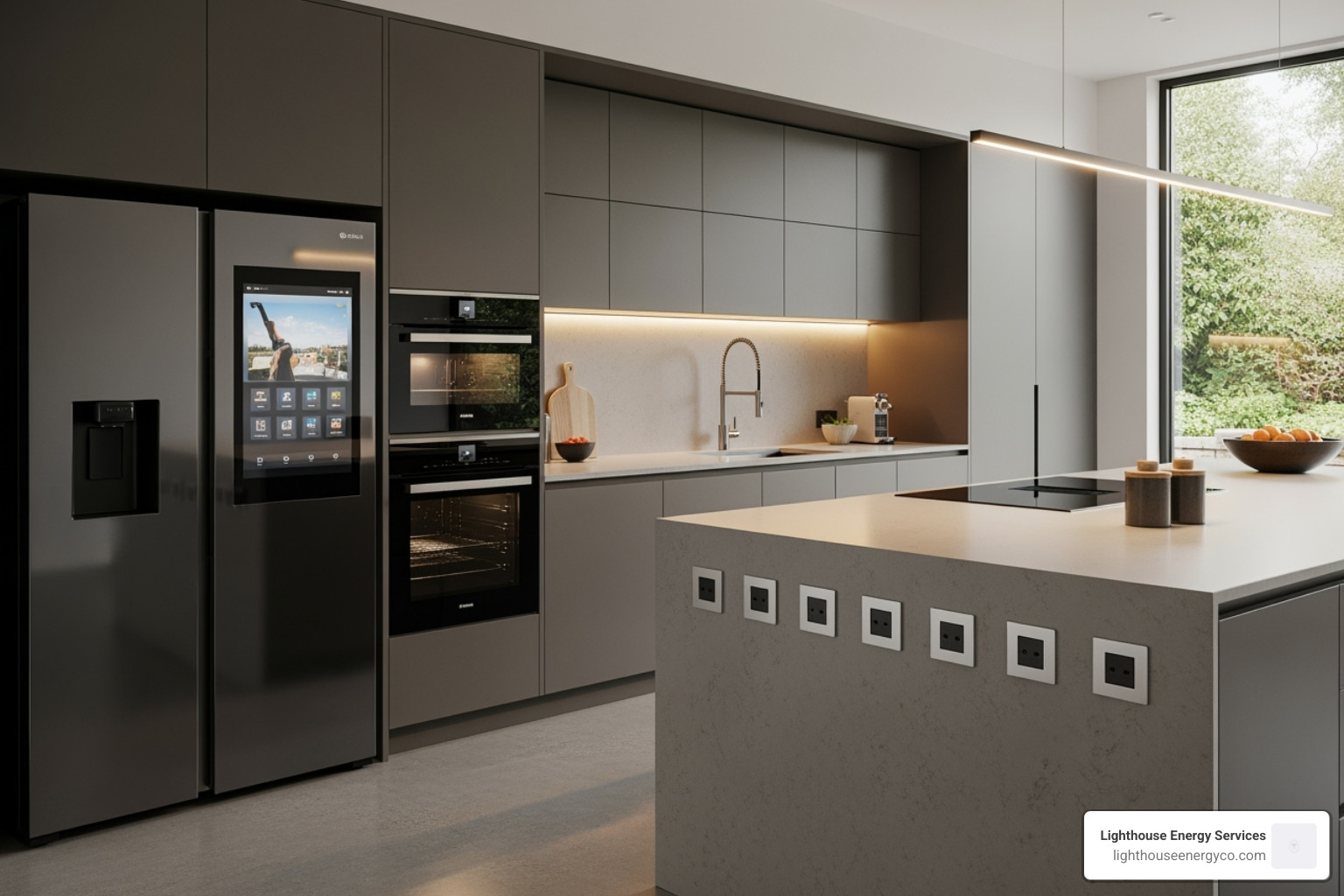 A modern kitchen with sleek under-cabinet lighting, multiple well-placed island outlets, and smart appliances integrated seamlessly into the design - new home electrician