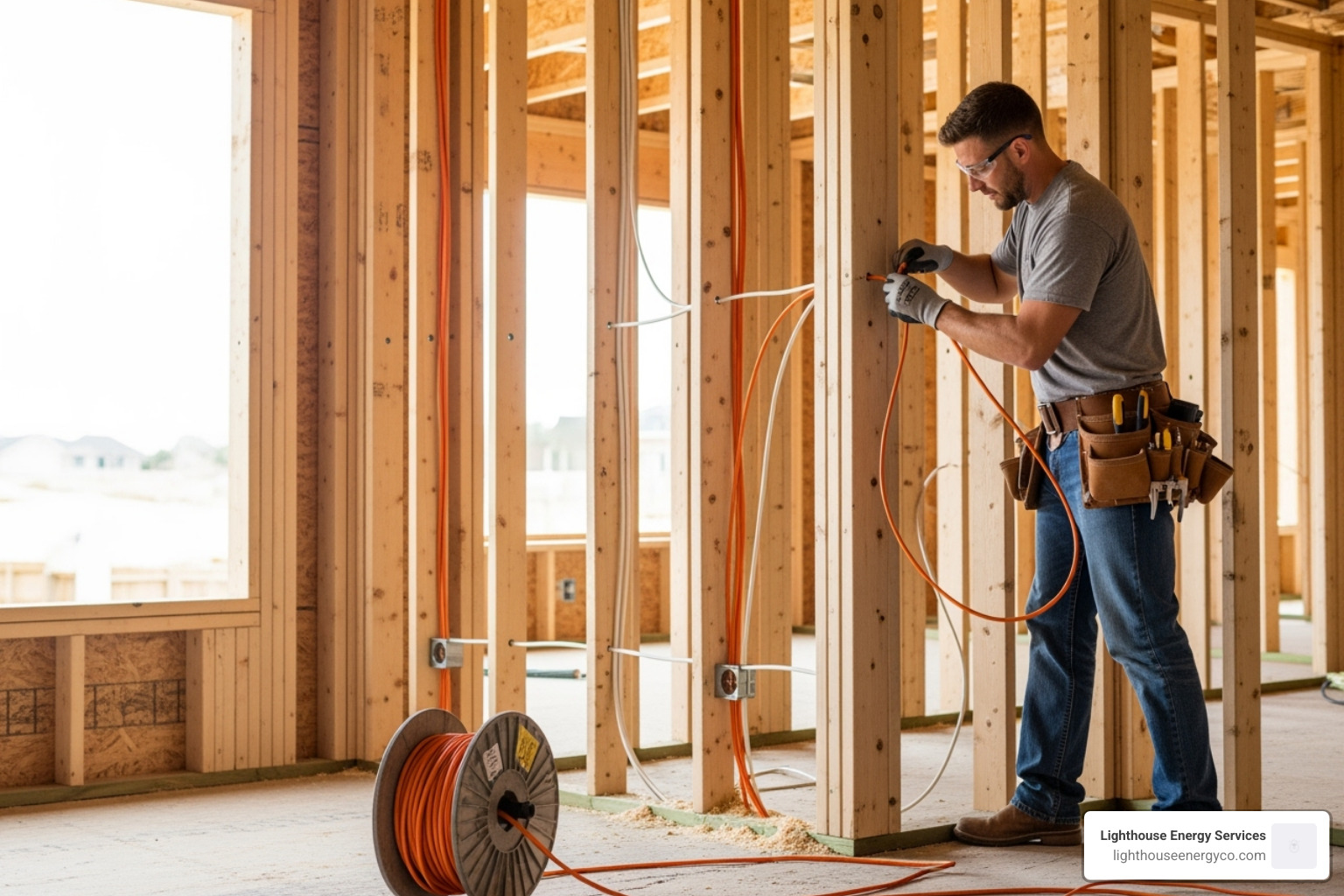 An electrician performing rough-in wiring, with wires running through wooden wall studs in a new home under construction - new home electrician