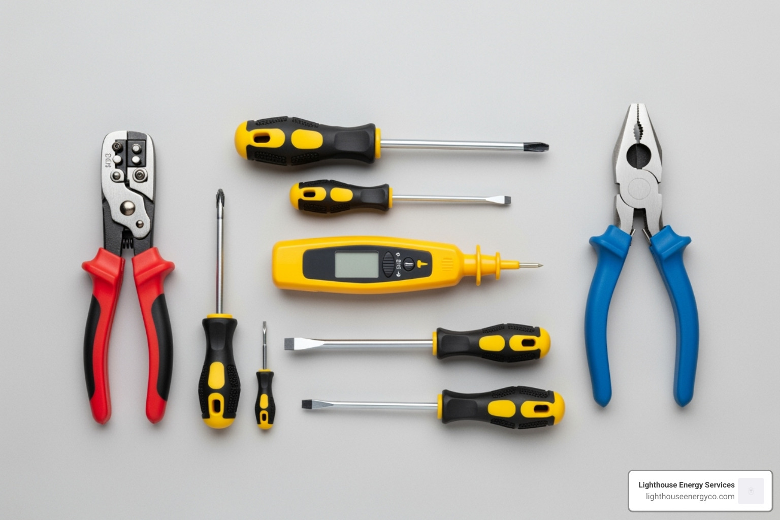 Image of essential tools for replacing a light switch laid out neatly: voltage tester, screwdrivers, pliers, wire strippers. - Broken light switch