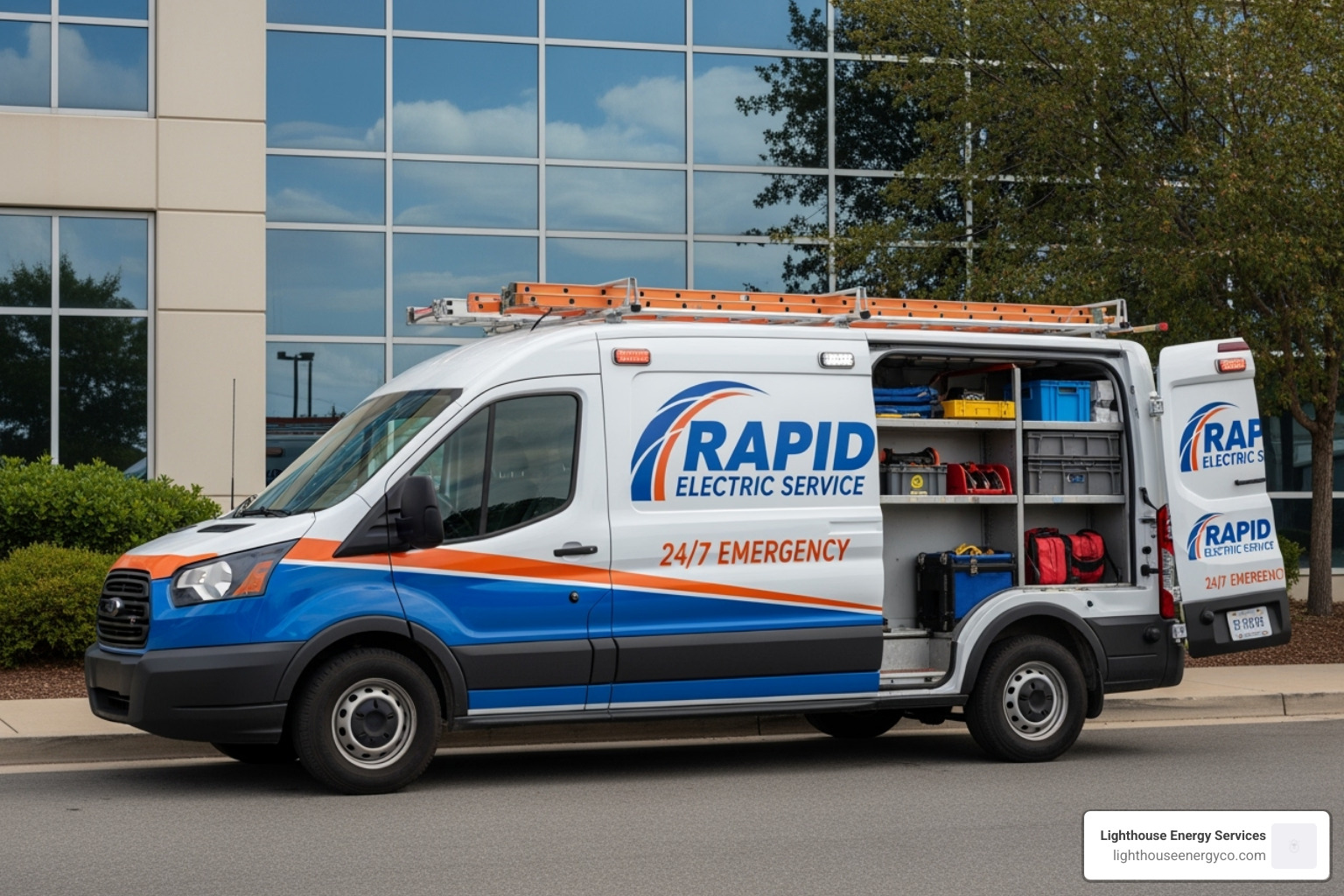 Emergency electrical service van with clear branding - Local commercial electrician