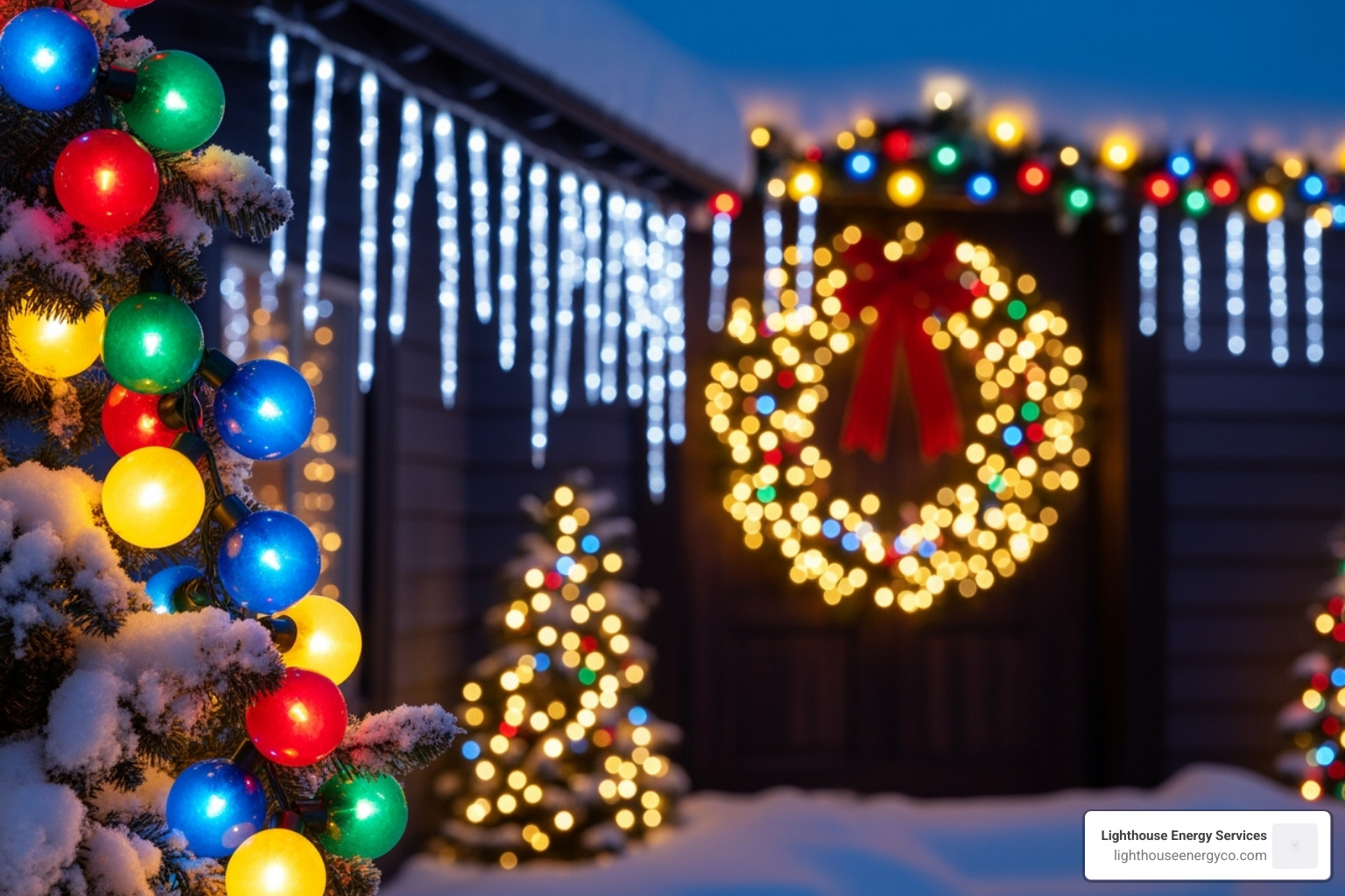 Different types of holiday lights like C9 bulbs, icicle lights, and lighted wreaths - holiday light installation near me
