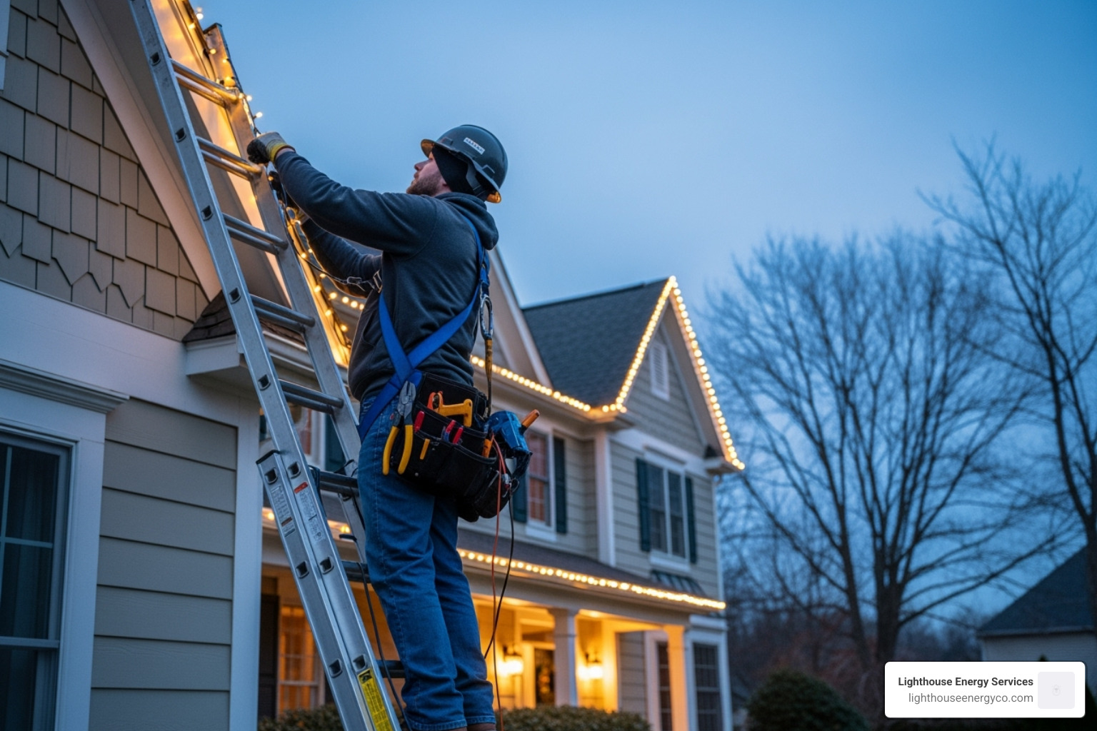 Professional installer safely on a ladder adjusting roofline lights - holiday light installation near me