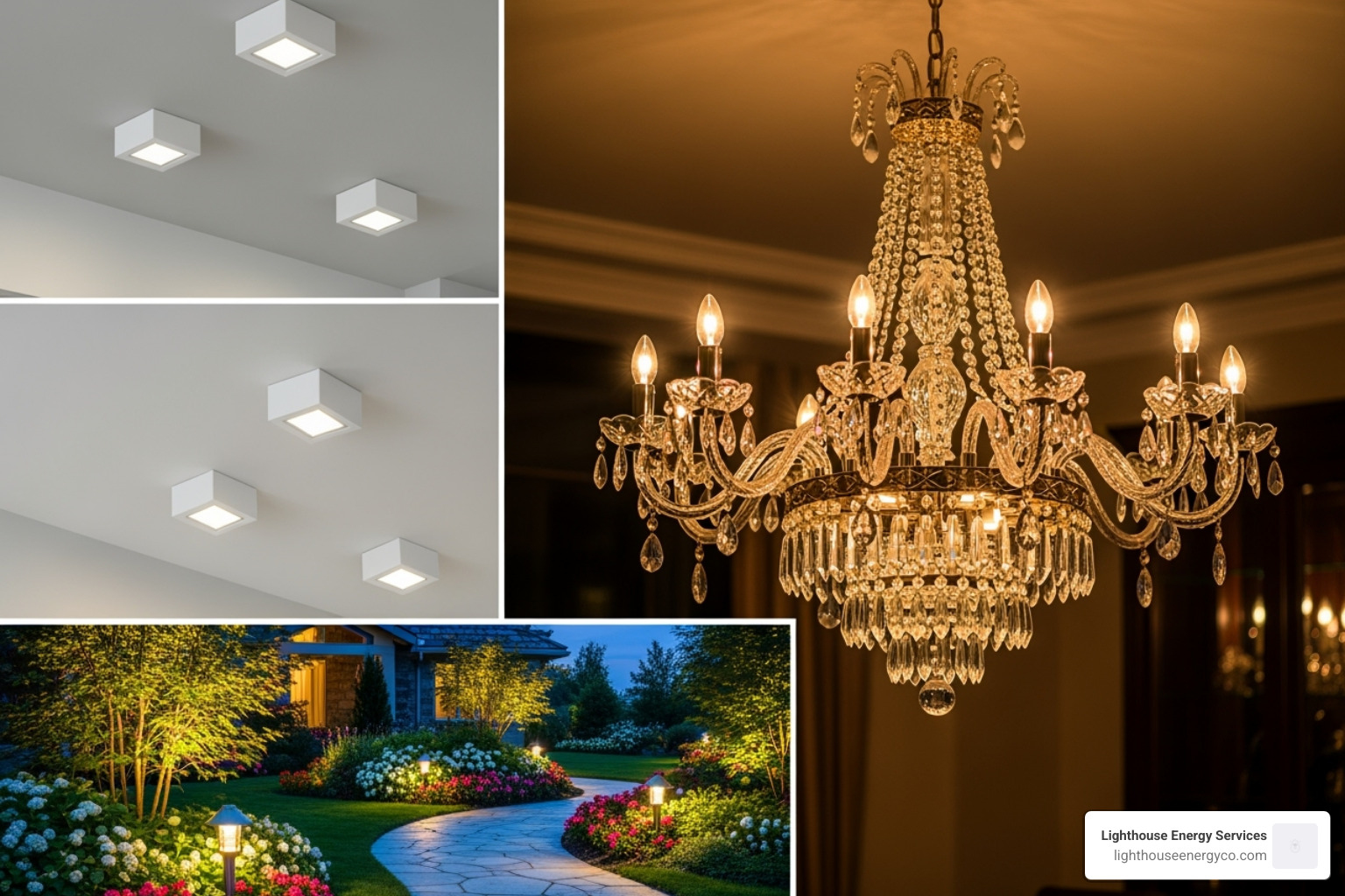 collage showing different types of light fixtures like a chandelier, pot lights, and outdoor landscape lighting - lighting installation
