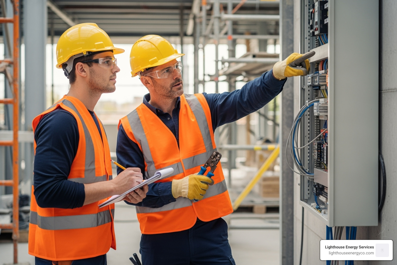 apprentice learning from a master electrician on a construction site - licensed commercial electrician