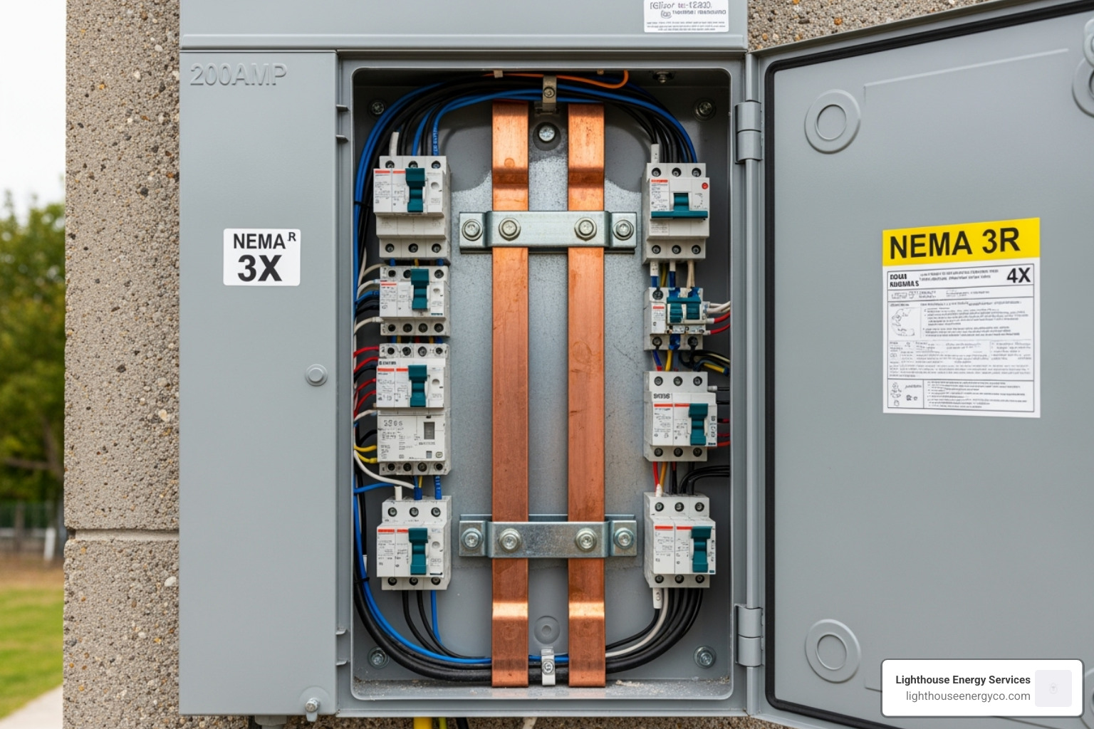 Inside of an outdoor breaker box, highlighting bus bars and NEMA rating sticker - outside 200 amp breaker box Inside of an outdoor breaker box, highlighting bus bars and NEMA rating sticker - outside 200 amp breaker box