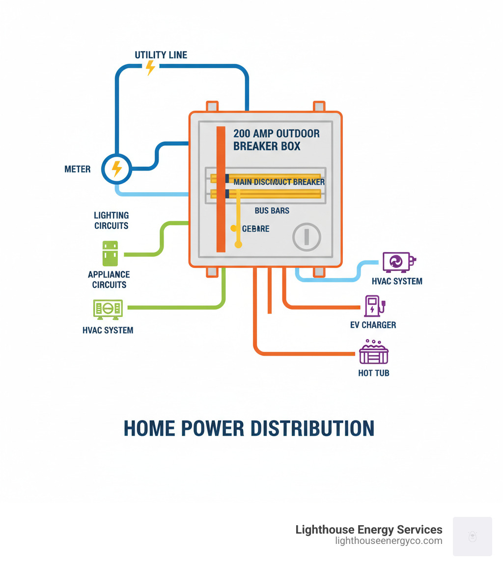 Infographic showing the flow of electricity from the utility line through the meter, into the 200 amp outdoor breaker box with its main disconnect breaker and bus bars, then branching out through individual circuit breakers to power different areas of a home including lighting circuits, appliance circuits, HVAC systems, and high-demand equipment like EV chargers and hot tubs - 200 amp breaker box outside infographic 