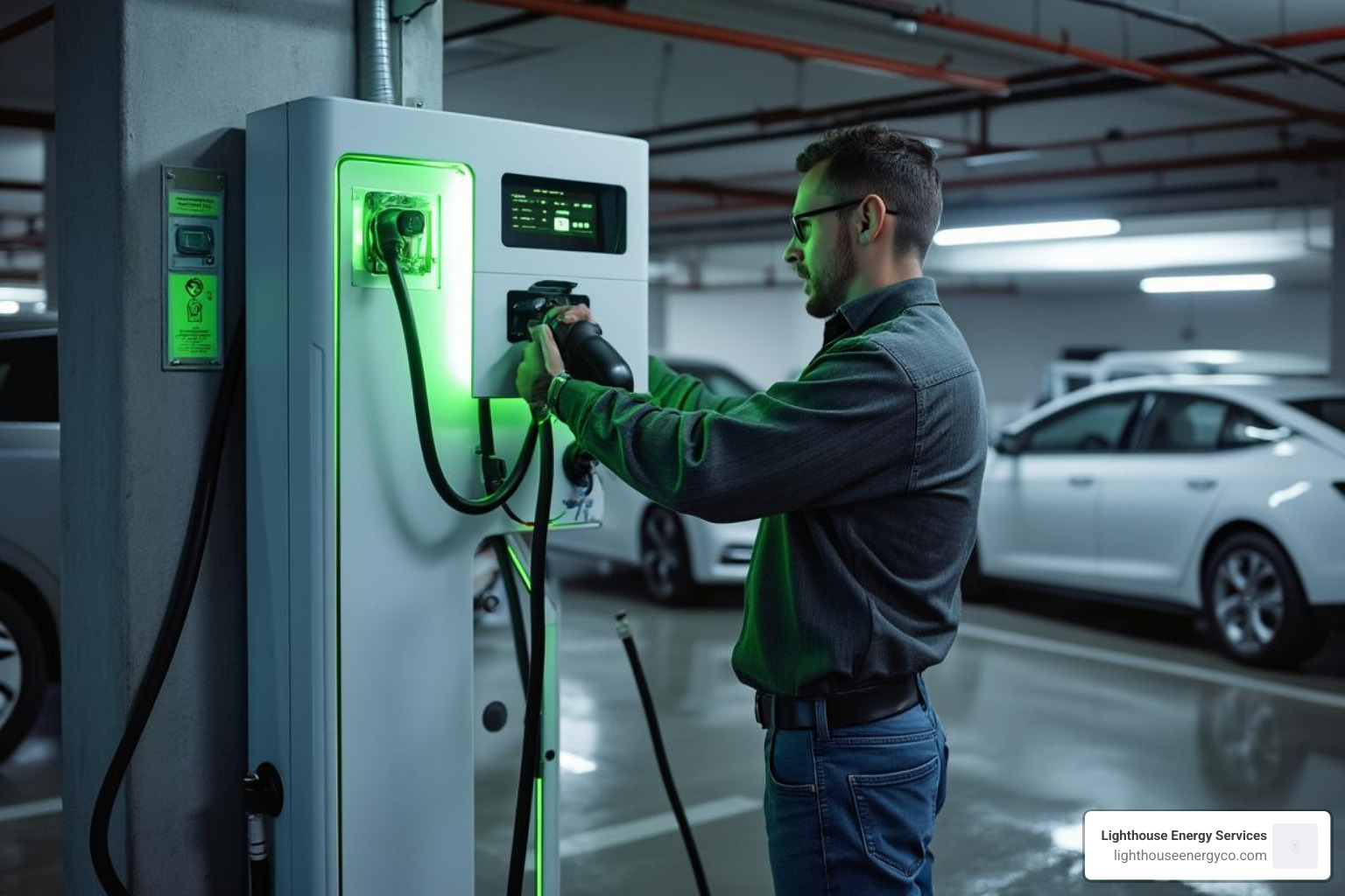 electrician installing an EV charging station in a commercial parking garage - licensed commercial electrician