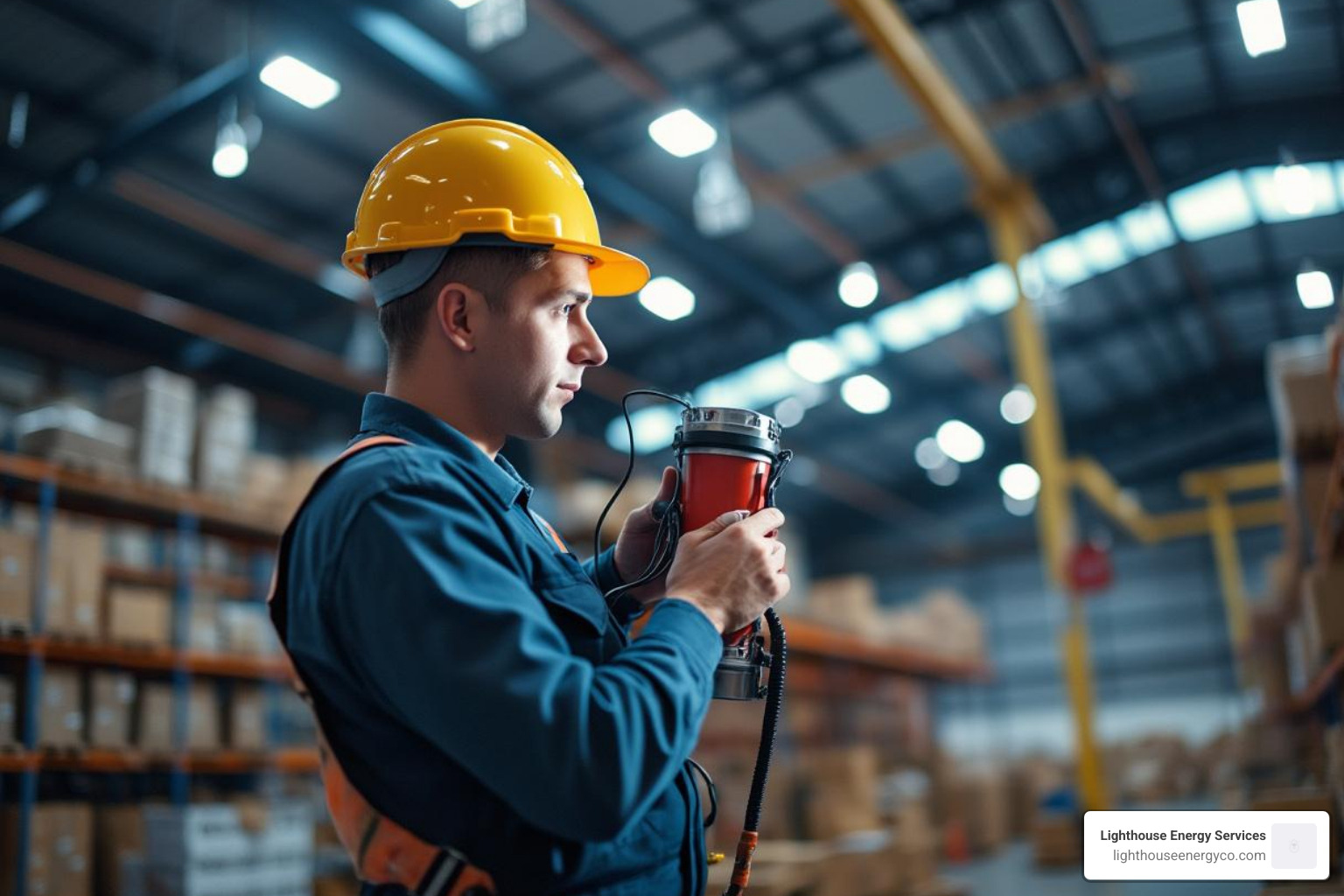 commercial electrician installing large-scale lighting in a warehouse - licensed commercial electrician