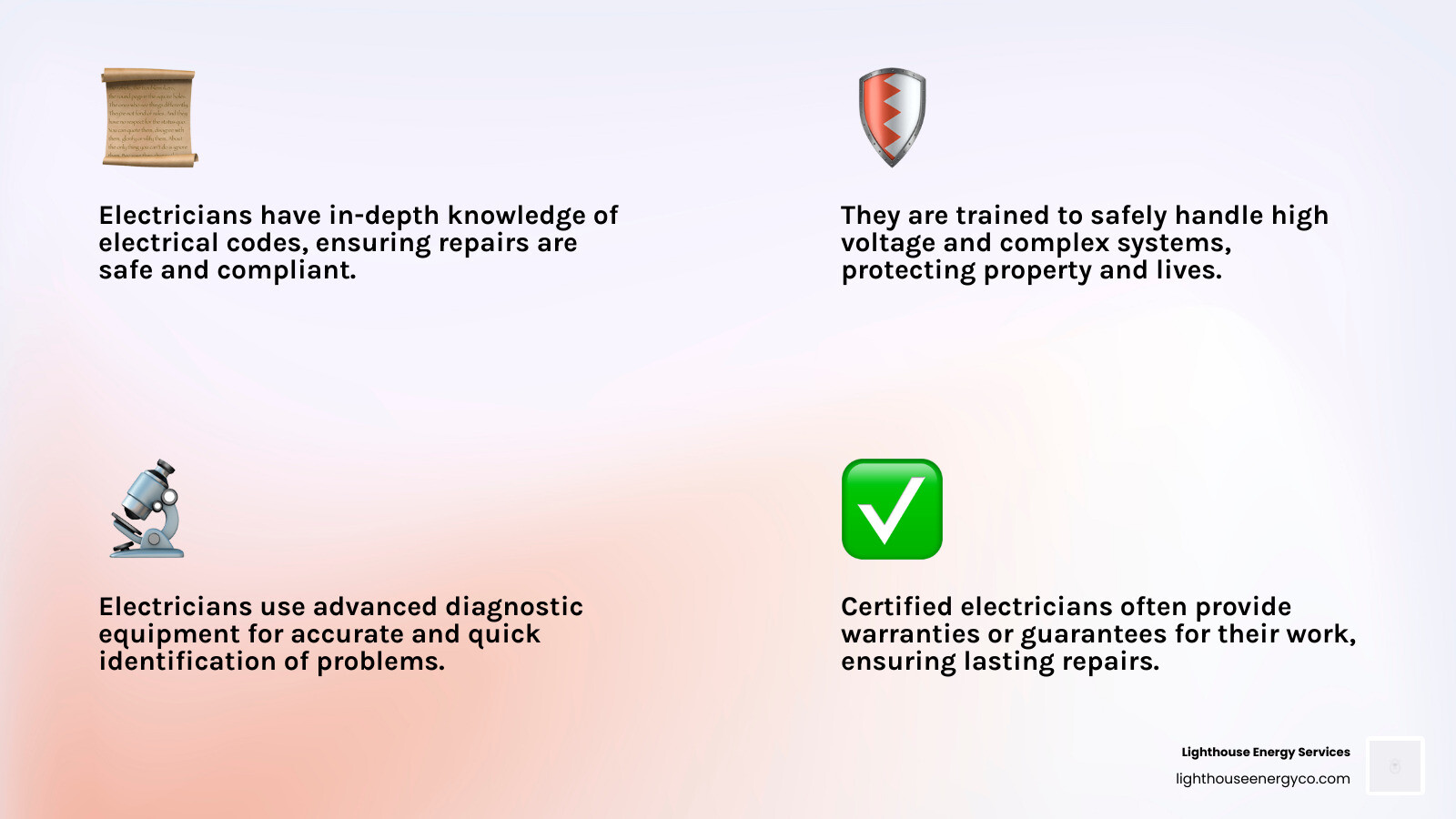 Table comparing Electrician vs. General Handyman on topics like Code Compliance, Safety, Diagnostic Tools, and Warranty - cooler repair electrician near me infographic 4_facts_emoji_light-gradient Table comparing Electrician vs. General Handyman on topics like Code Compliance, Safety, Diagnostic Tools, and Warranty - cooler repair electrician near me infographic 4_facts_emoji_light-gradient