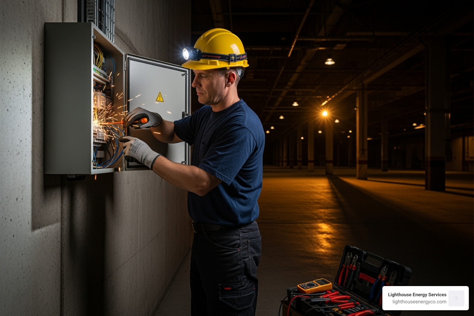 electrician working at night with a headlamp - commercial electrical services