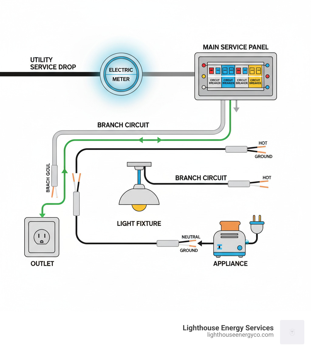 Infographic showing the path of electricity from the utility service drop through the meter, into the main service panel, through circuit breakers, along branch circuits with hot, neutral, and ground wires, to outlets and light fixtures, with clear labels for each component and color-coded wires - electrician house wiring infographic 