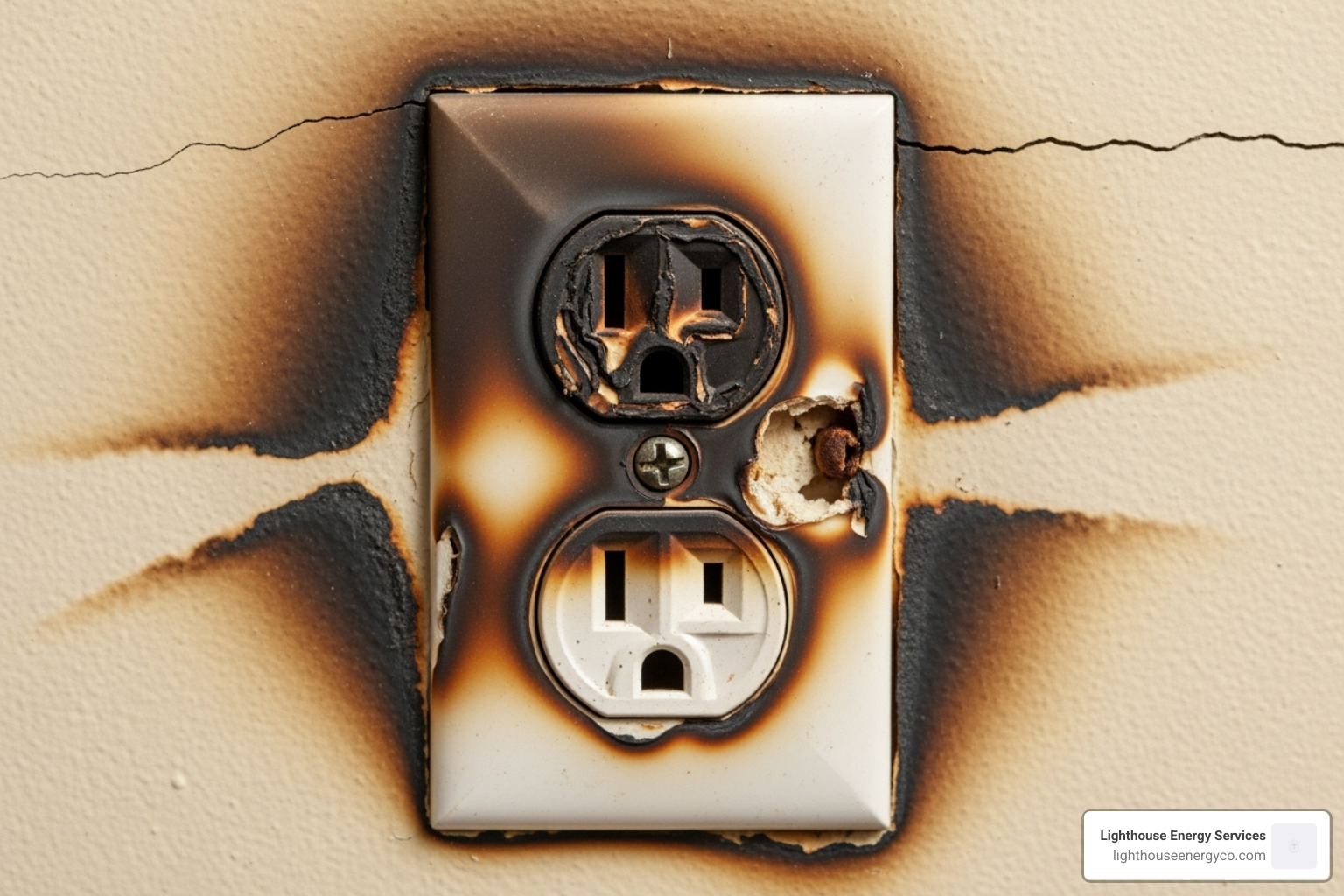 A discolored, potentially hazardous electrical outlet with scorch marks, indicating overheating and a fire risk - residential electrical contractors