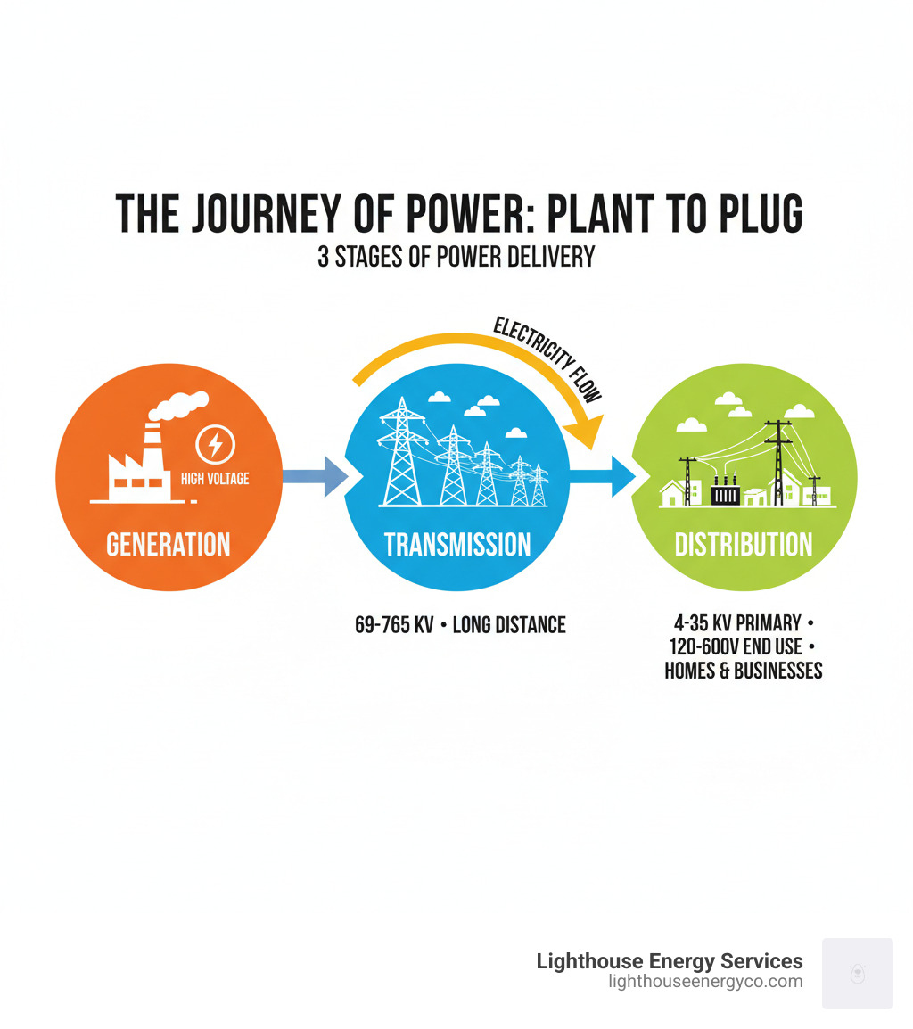 Infographic showing the three stages of power delivery: Generation (power plant producing electricity at high voltage), Transmission (high-voltage power lines carrying electricity long distances at 69-765 kV), and Distribution (substations and local lines delivering power to homes and businesses at 4-35 kV primary, stepping down to 120-600V for end use) - Electrical distribution systems infographic 
