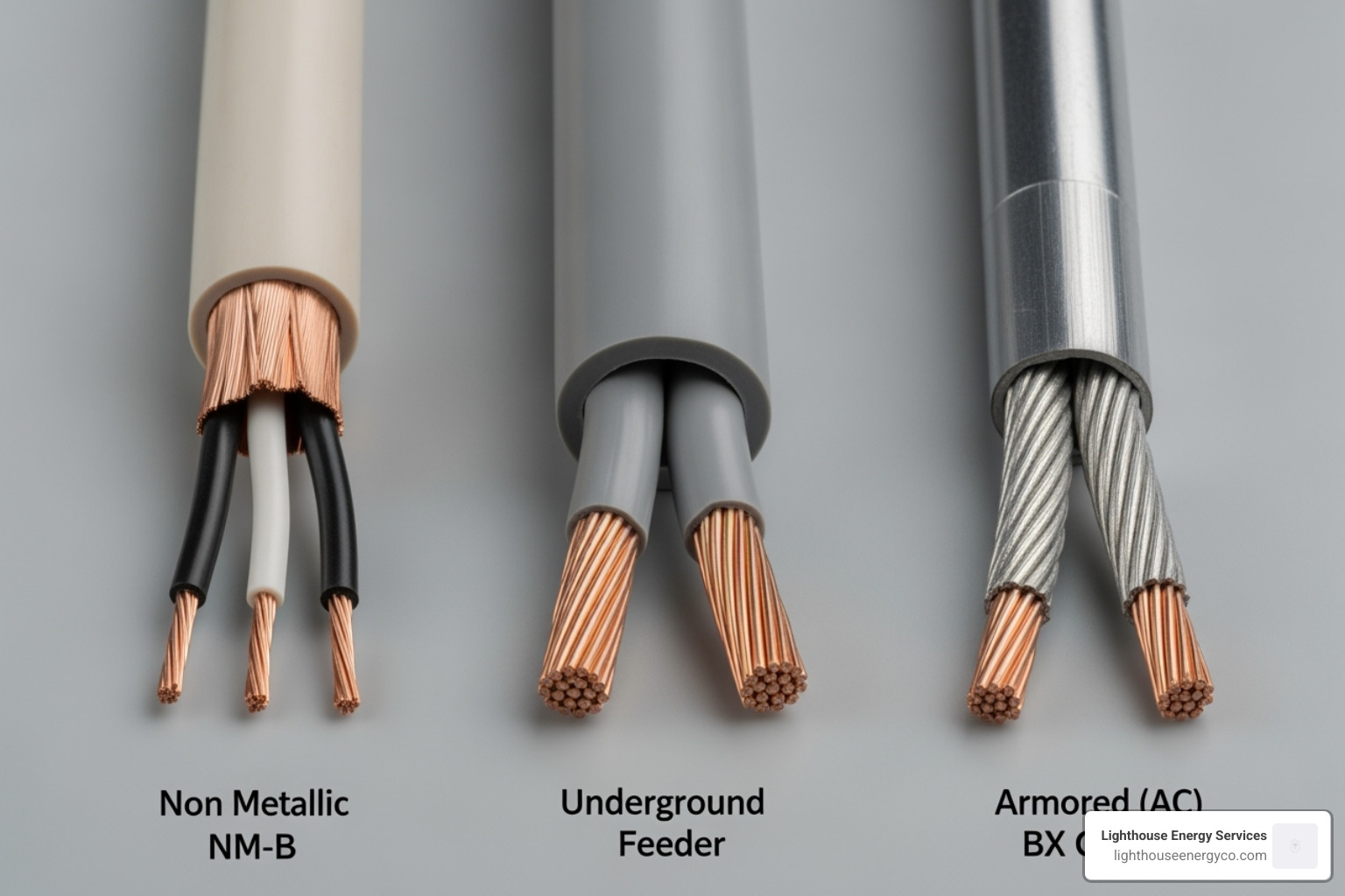 different types of electrical cables like NM-B, UF-B, and armored cable - electrician house wiring