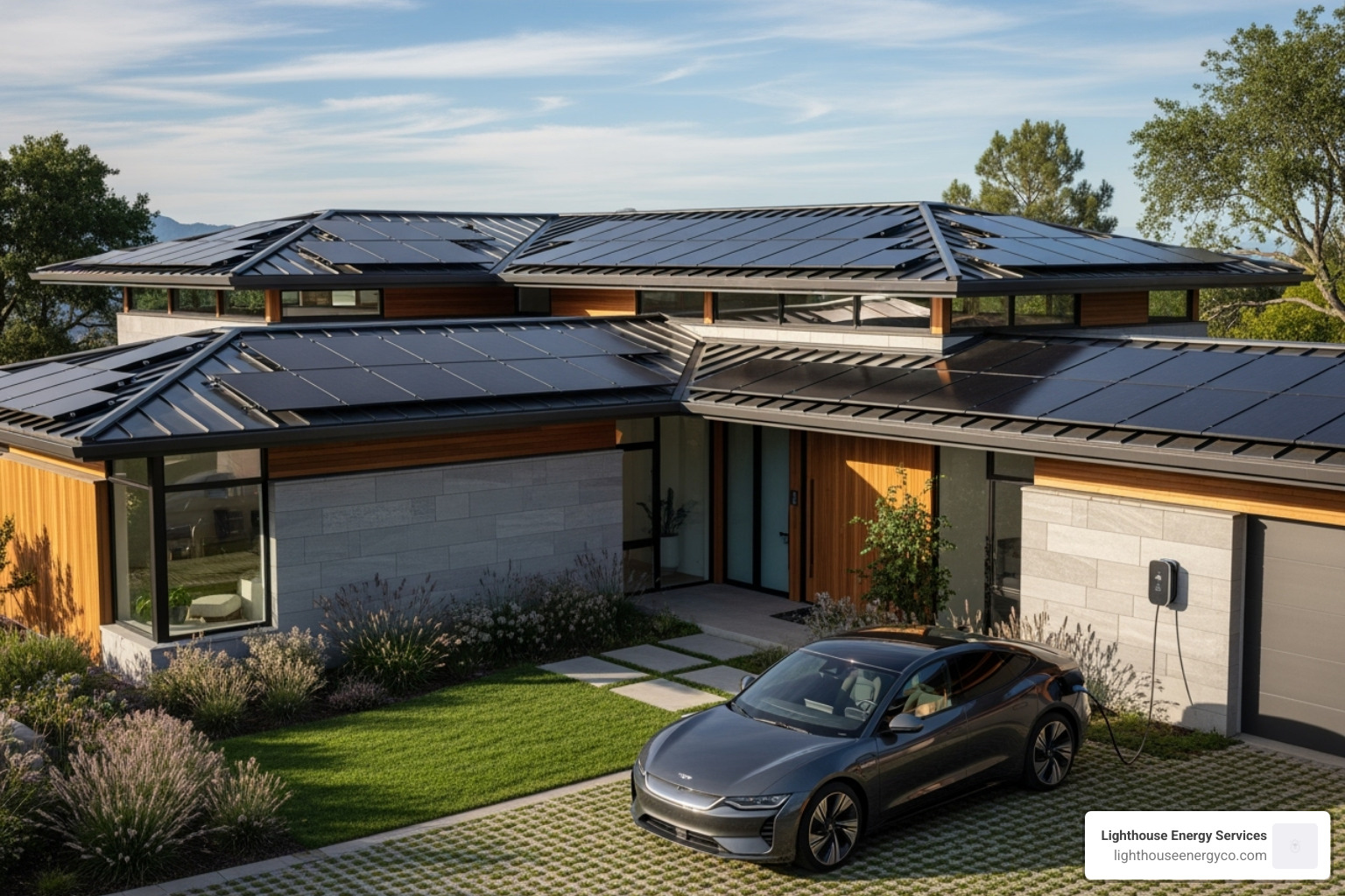 A modern home equipped with solar panels on the roof and an electric vehicle charging in the driveway, symbolizing the integration of renewable energy and evolving energy demands. - Electrical distribution systems