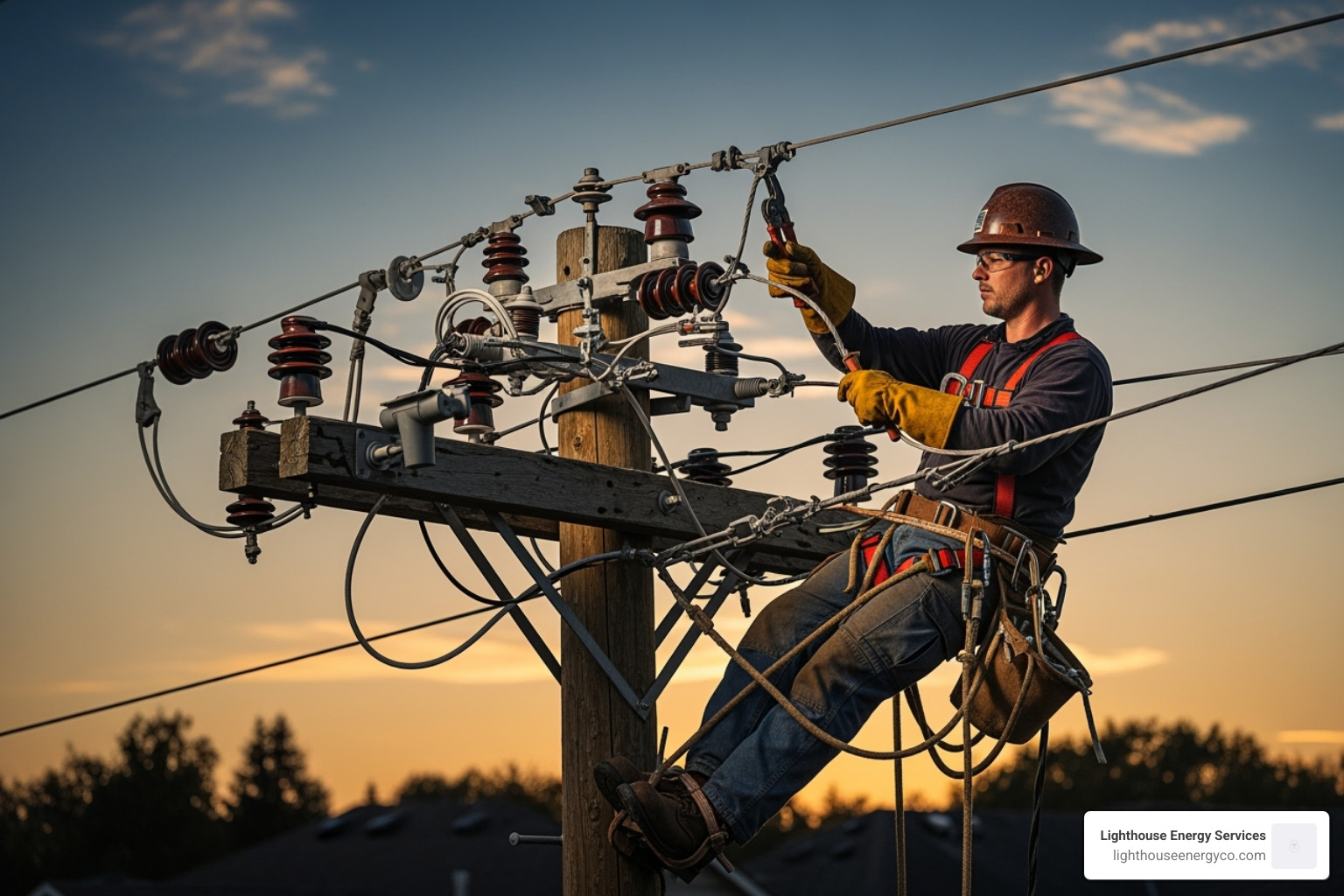 A skilled lineman working high on a utility pole, carefully adjusting electrical lines and components, highlighting the intricate and precise nature of maintaining electrical distribution infrastructure. - Electrical distribution systems