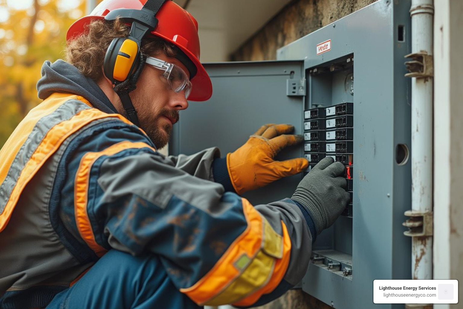 Electrician safely working on an outdoor electrical panel - outside 200 amp breaker box Electrician safely working on an outdoor electrical panel - outside 200 amp breaker box