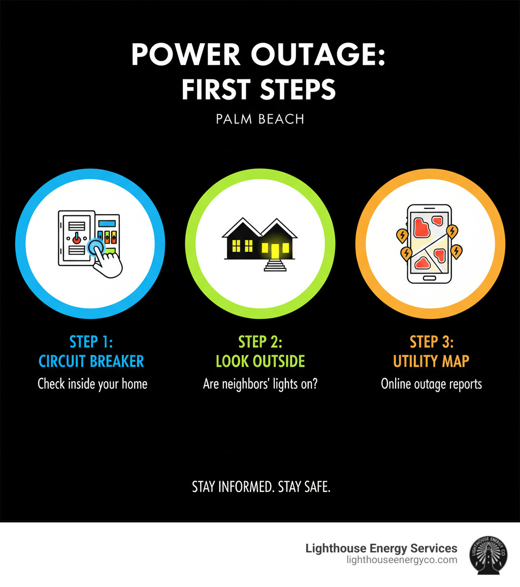 Infographic showing three critical first steps during a power outage: Step 1 - Check your circuit breaker panel to ensure the issue isn't inside your home, Step 2 - Look outside to see if your neighbors' lights are on to confirm it's a wider outage, Step 3 - Visit your utility company's outage map online to see reported outages and estimated restoration times in your area - Power outage Palm Beach infographic 