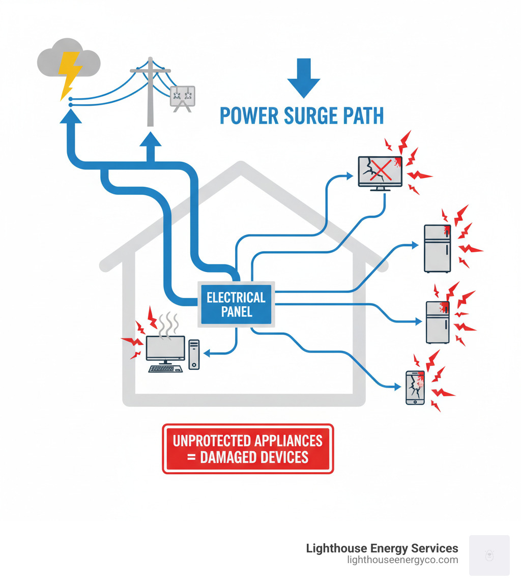 Infographic showing the path of a power surge from external sources like lightning and utility grid issues, traveling through power lines to a home's electrical panel, then branching out to unprotected appliances and electronics throughout the house, with damaged devices illustrated at the endpoints - whole house surge protector infographic Infographic showing the path of a power surge from external sources like lightning and utility grid issues, traveling through power lines to a home's electrical panel, then branching out to unprotected appliances and electronics throughout the house, with damaged devices illustrated at the endpoints - whole house surge protector infographic