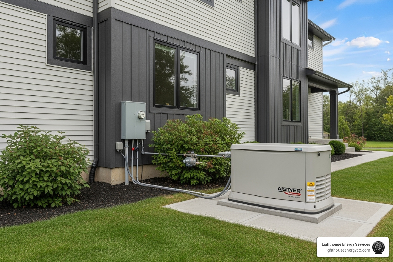 A modern whole-home generator installed neatly beside a house. - Power outage Palm Beach