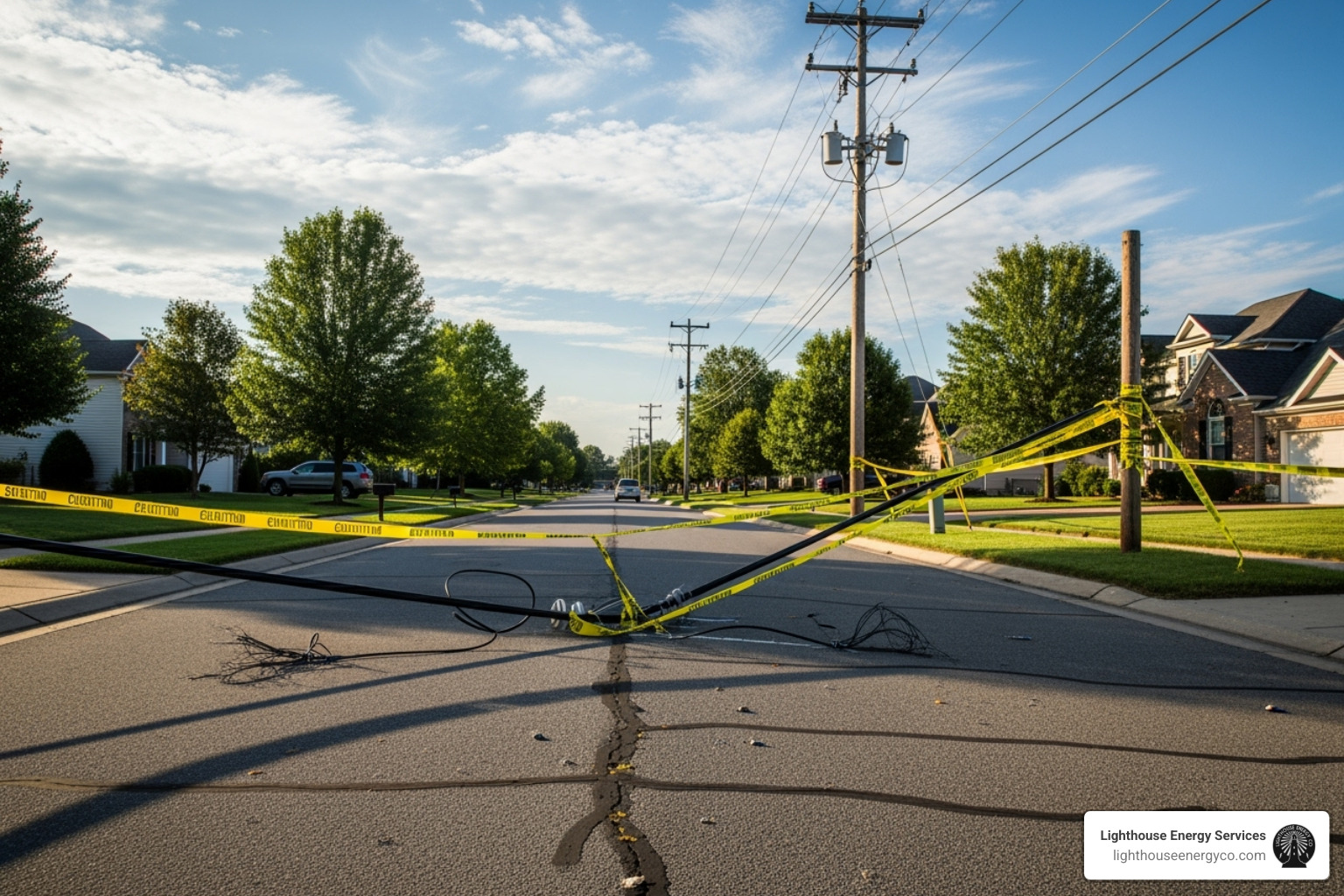 A downed power line on a suburban street with caution tape. - Power outage Palm Beach