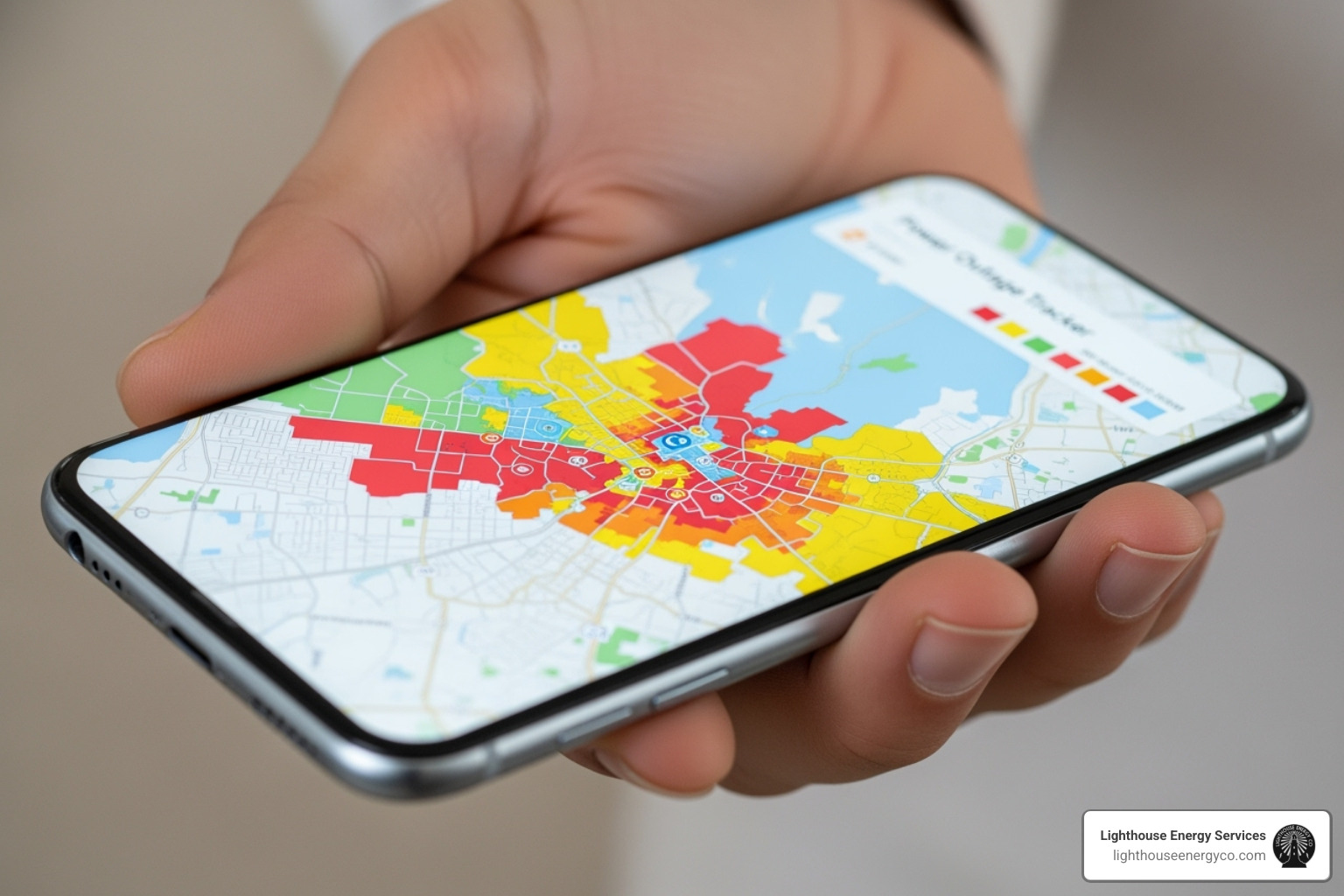 A person's hand holding a smartphone displaying the FPL Power Tracker map. - Power outage Palm Beach