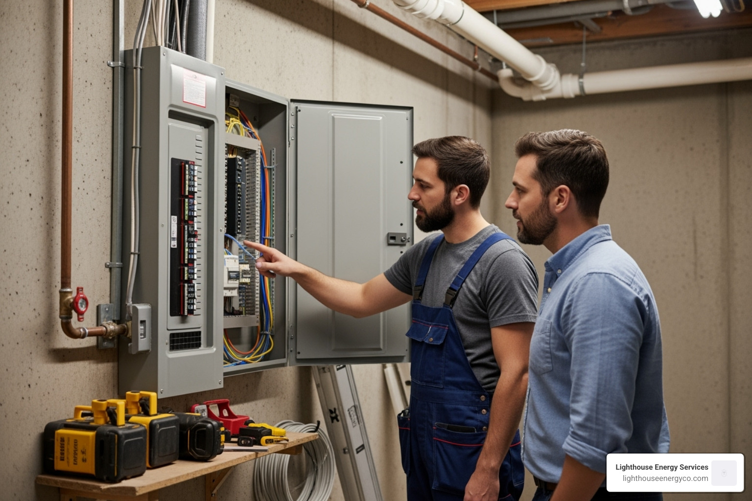 homeowner talking with electrician by electrical panel - electrical repair services