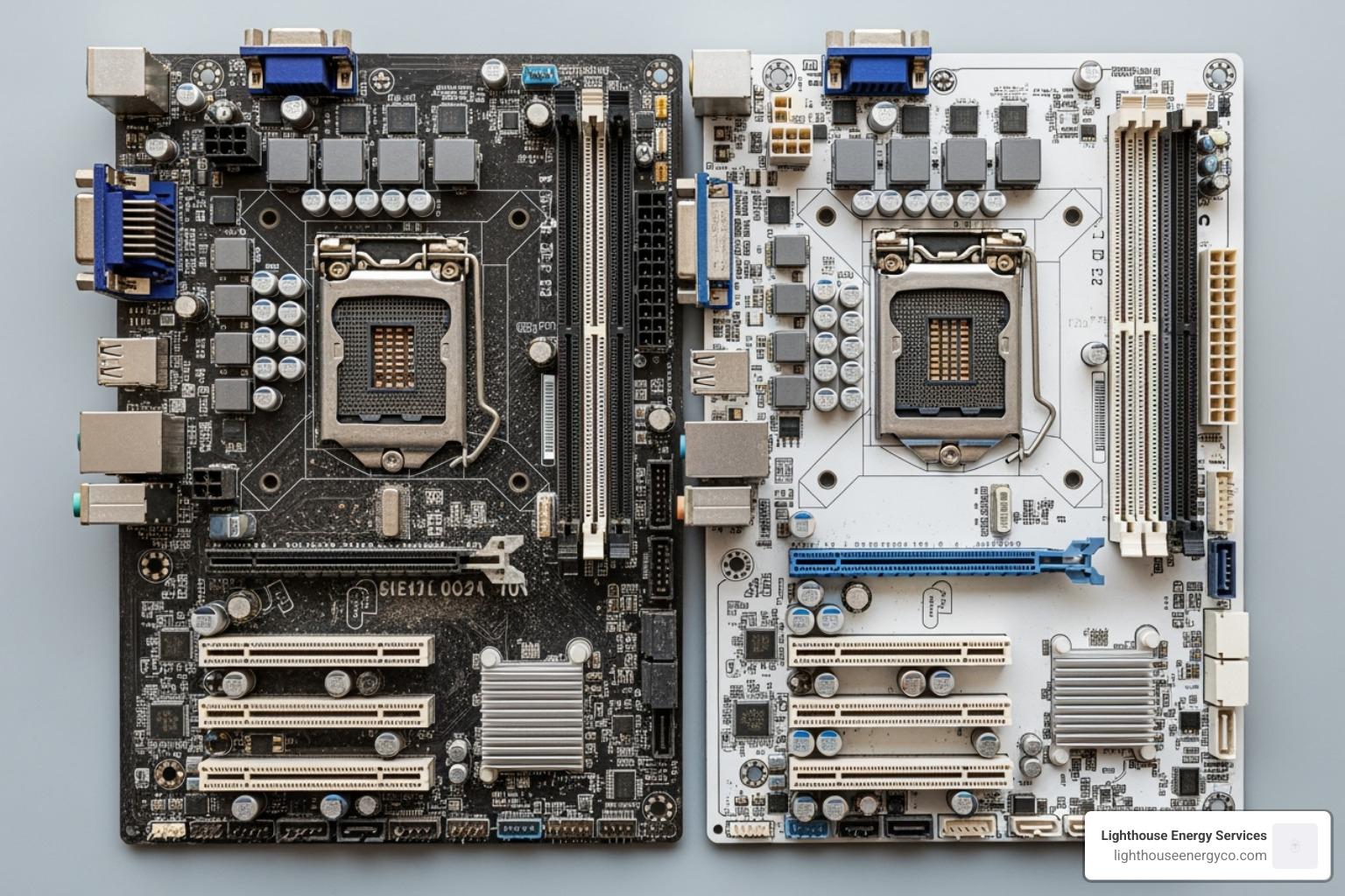 damaged computer motherboard next to a new one - whole house surge protector damaged computer motherboard next to a new one - whole house surge protector