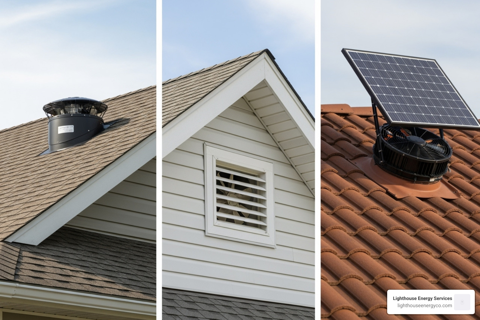 side-by-side comparison of a roof-mounted fan, a gable-mounted fan, and a solar fan - attic fan installation cost side-by-side comparison of a roof-mounted fan, a gable-mounted fan, and a solar fan - attic fan installation cost