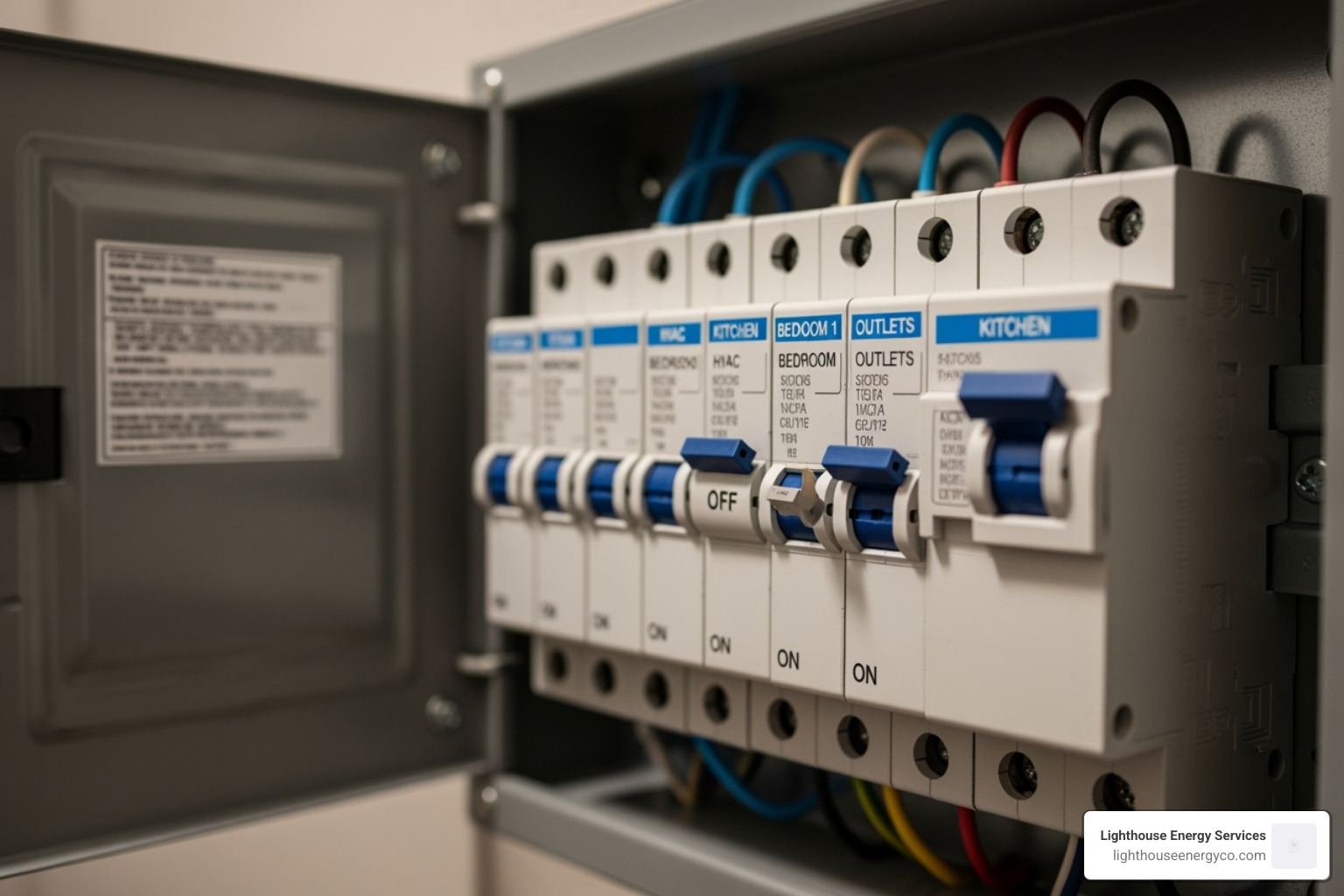 An electrical panel with a tripped breaker clearly labeled "Cooler" - cooler repair electrician near me An electrical panel with a tripped breaker clearly labeled "Cooler" - cooler repair electrician near me