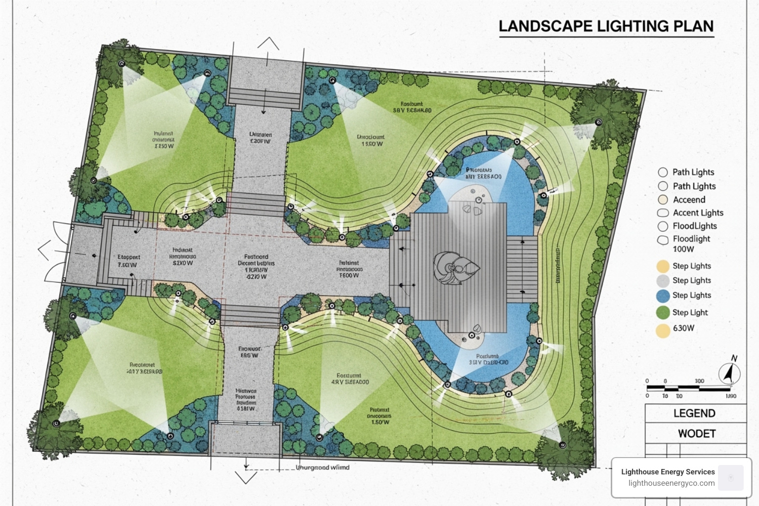 A detailed landscape lighting design plan showing different layers of light and fixture placements - electrician outdoor lighting