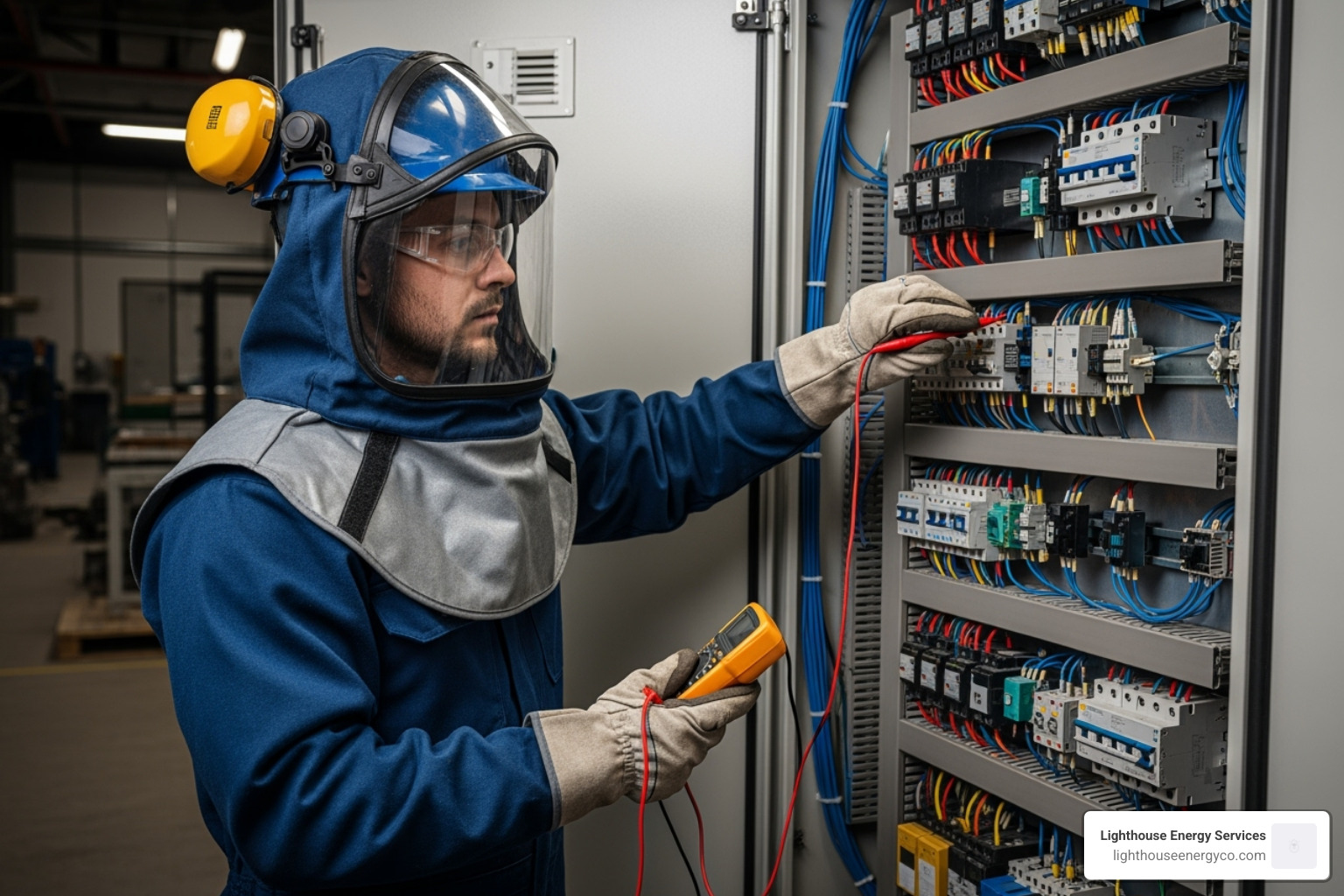 electrician in full PPE working on a complex electrical panel - large electrical contractor
