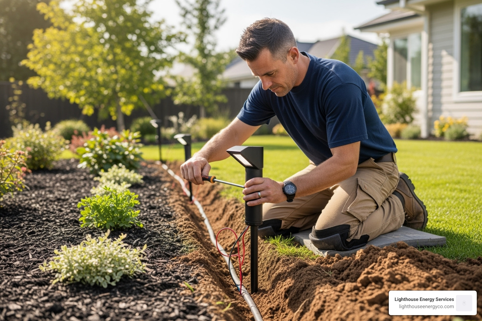 An electrician carefully installing a landscape light fixture into the ground - electrician outdoor lighting
