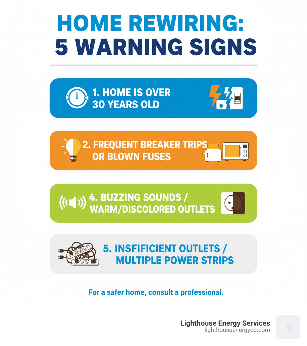 Infographic showing the top 5 signs your home needs rewiring: 1) Home is over 30 years old, 2) Frequent circuit breaker trips or blown fuses, 3) Flickering or dimming lights when appliances run, 4) Buzzing sounds from outlets or warm/discolored outlet covers, 5) Insufficient outlets leading to multiple power strip use - home rewiring near me infographic 