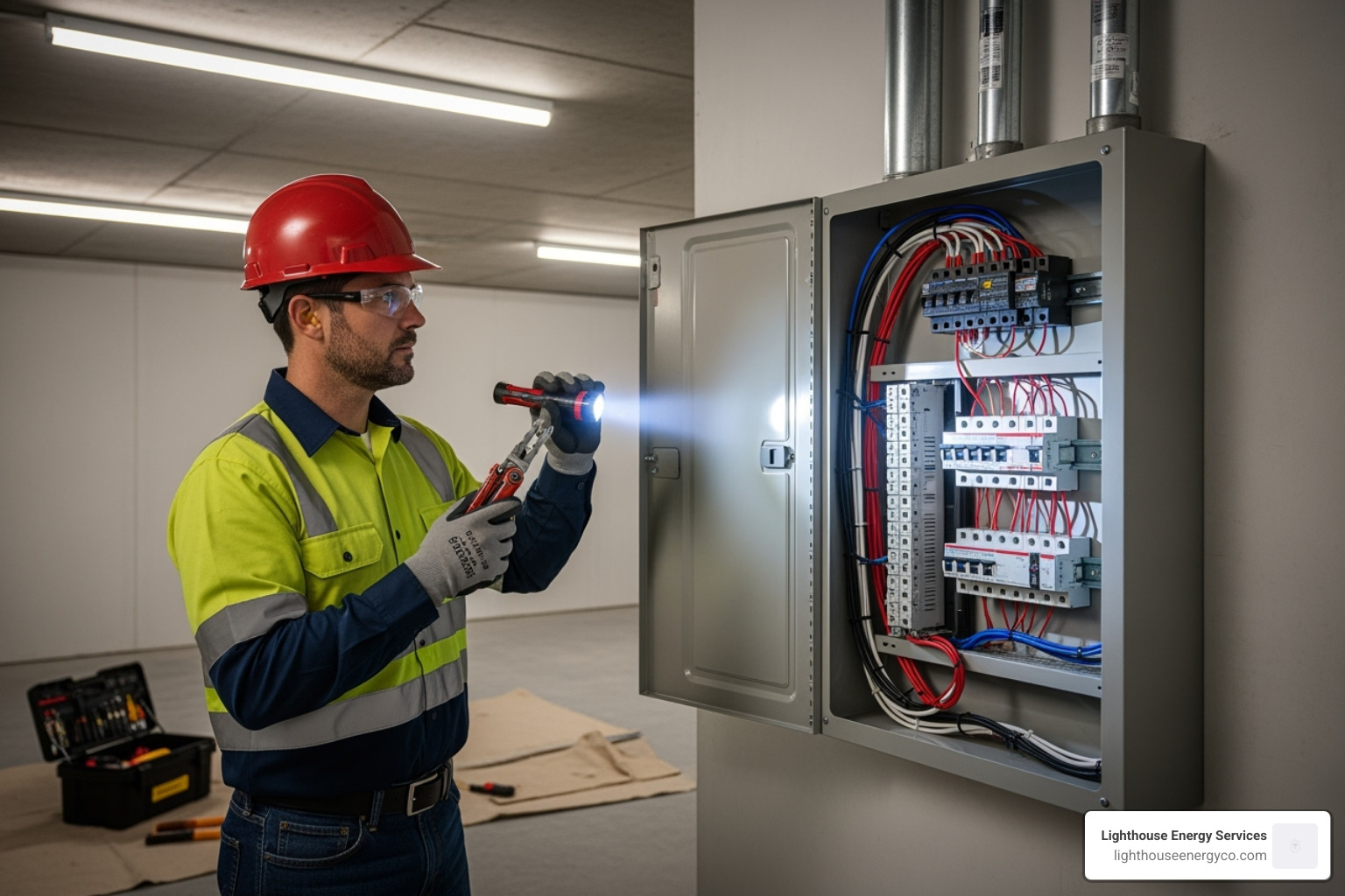 professional electrician inspecting a new electrical panel - home rewiring near me
