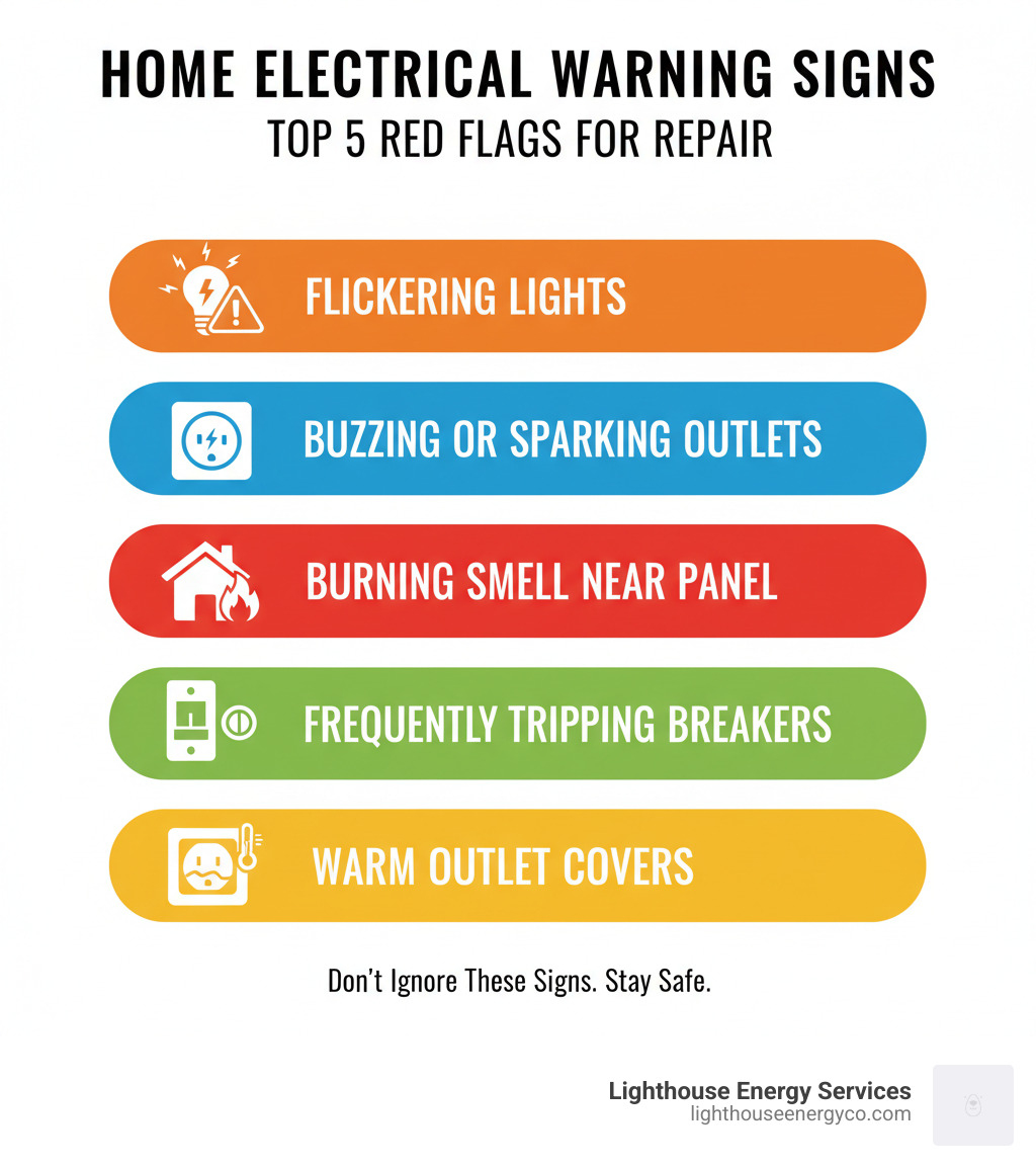 infographic showing the top 5 warning signs requiring electrical repair: flickering lights with a hazard icon, buzzing or sparking outlets with electrical arc symbol, burning smell near panel with fire icon, frequently tripping breakers with reset switch symbol, and warm outlet covers with temperature warning icon - electrical repair services infographic 