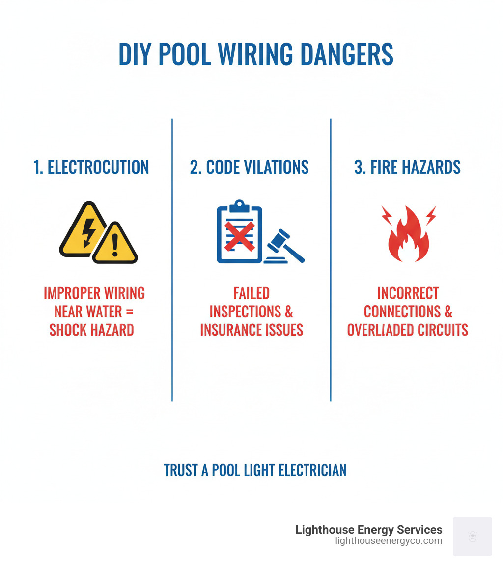 Infographic showing the top 3 dangers of DIY pool electrical work: 1) Electrocution risk from improper wiring near water with a voltage symbol and warning icon, 2) Code violations leading to failed inspections and insurance issues with a clipboard and X mark, 3) Fire hazards from incorrect connections and overloaded circuits with a flame icon - pool light electrician infographic 