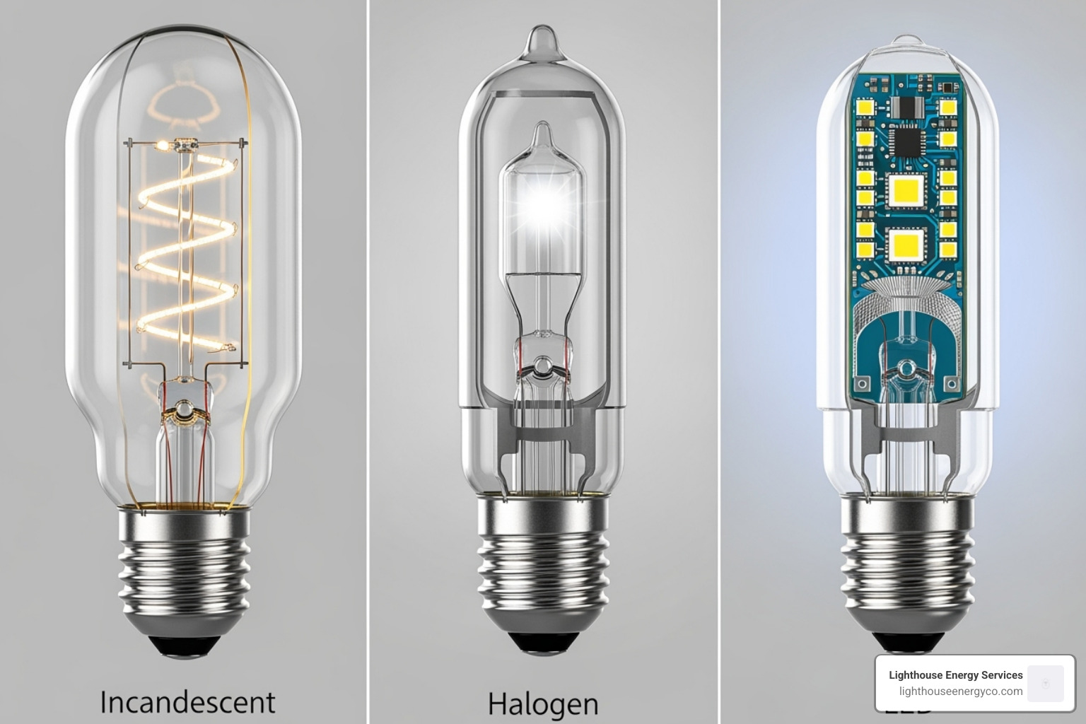 side-by-side comparison of incandescent, halogen, and LED pool light bulbs - pool light electrician
