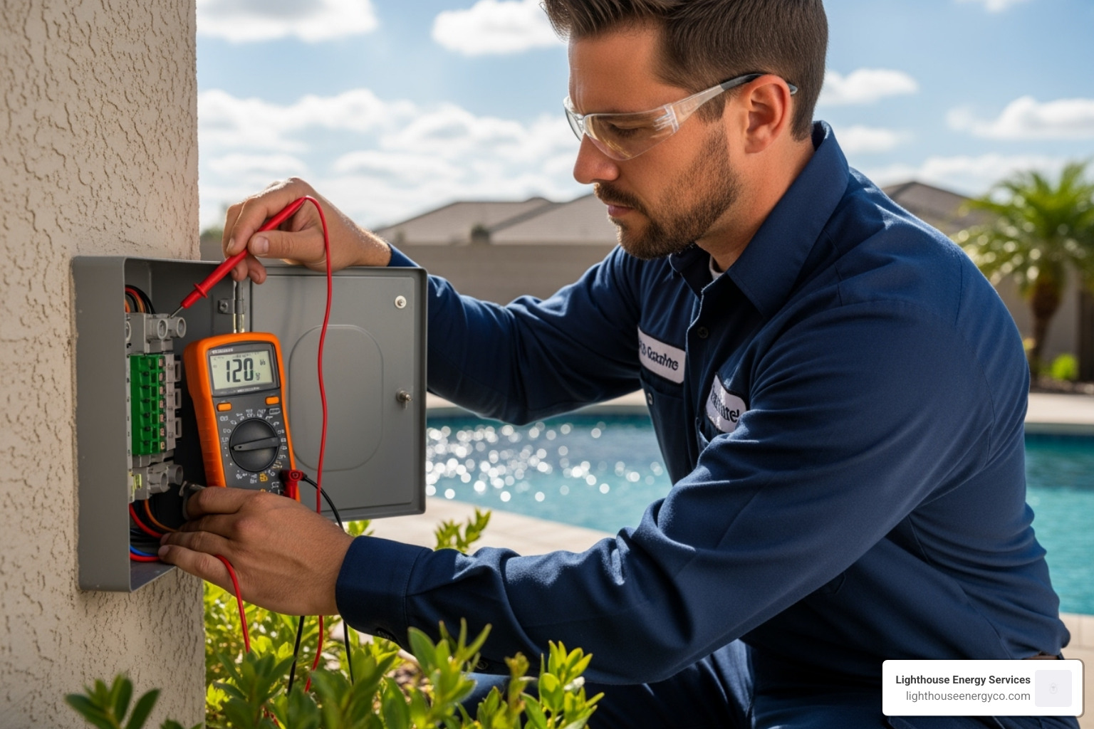 uniformed electrician safely testing a pool light junction box with a multimeter