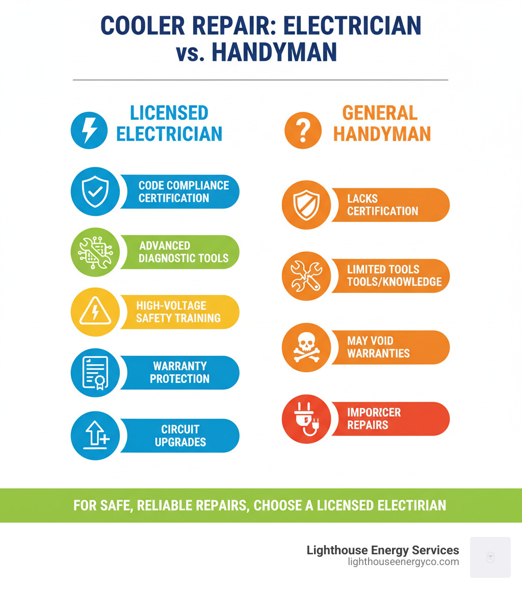 Infographic comparing licensed electricians versus general handymen for cooler repairs, showing electricians have code compliance certification, advanced diagnostic tools, high-voltage safety training, warranty protection, and ability to upgrade circuits, while handymen lack these qualifications and may void warranties or create safety hazards - cooler repair electrician near me infographic Infographic comparing licensed electricians versus general handymen for cooler repairs, showing electricians have code compliance certification, advanced diagnostic tools, high-voltage safety training, warranty protection, and ability to upgrade circuits, while handymen lack these qualifications and may void warranties or create safety hazards - cooler repair electrician near me infographic