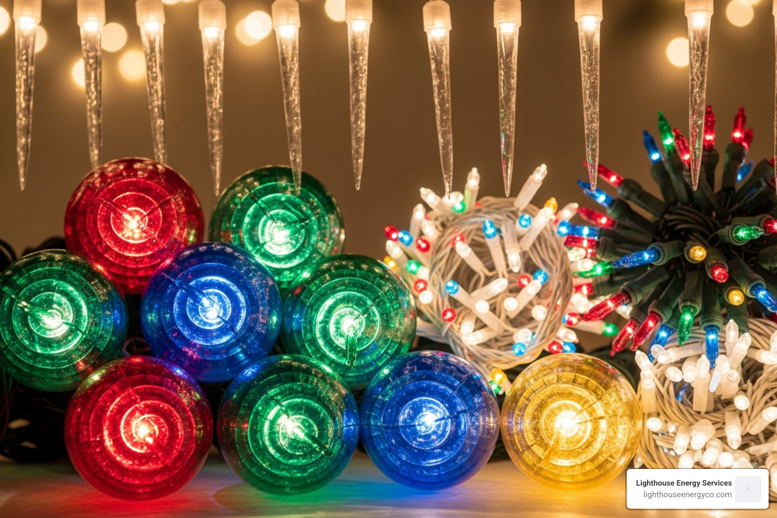 close-up of different light types like C9, mini lights, and icicle lights - holiday light installation cost