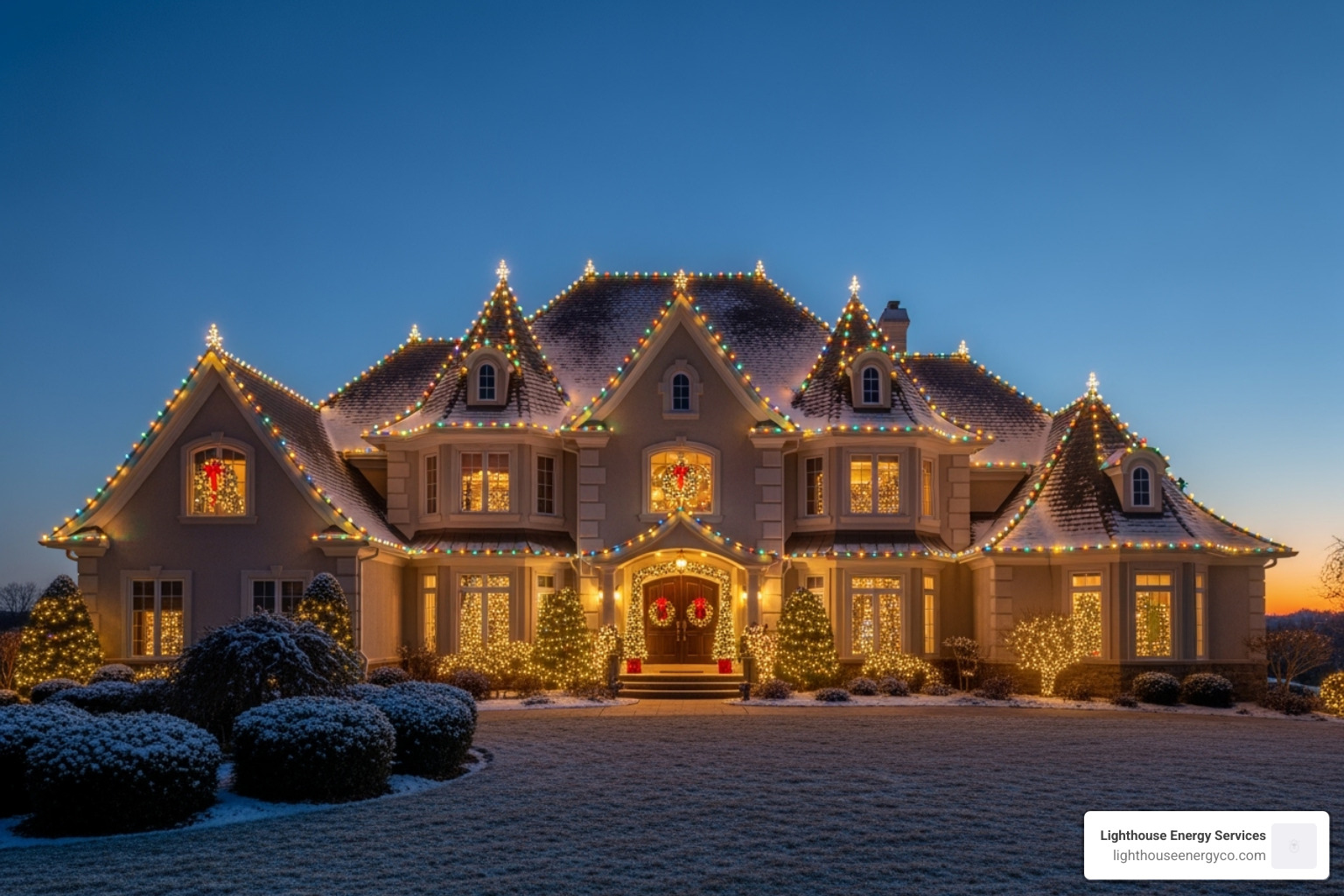 complex two-story home with lights on multiple roof peaks and windows - holiday light installation cost