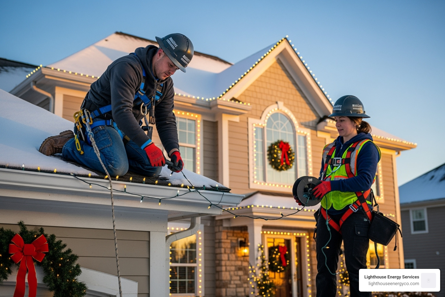 professional holiday light installers working on a roof - holiday light installation cost