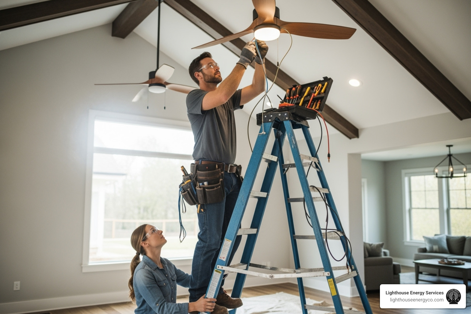 electrician safely installing a fan on a high, vaulted ceiling - electrician to install ceiling fan electrician safely installing a fan on a high, vaulted ceiling - electrician to install ceiling fan