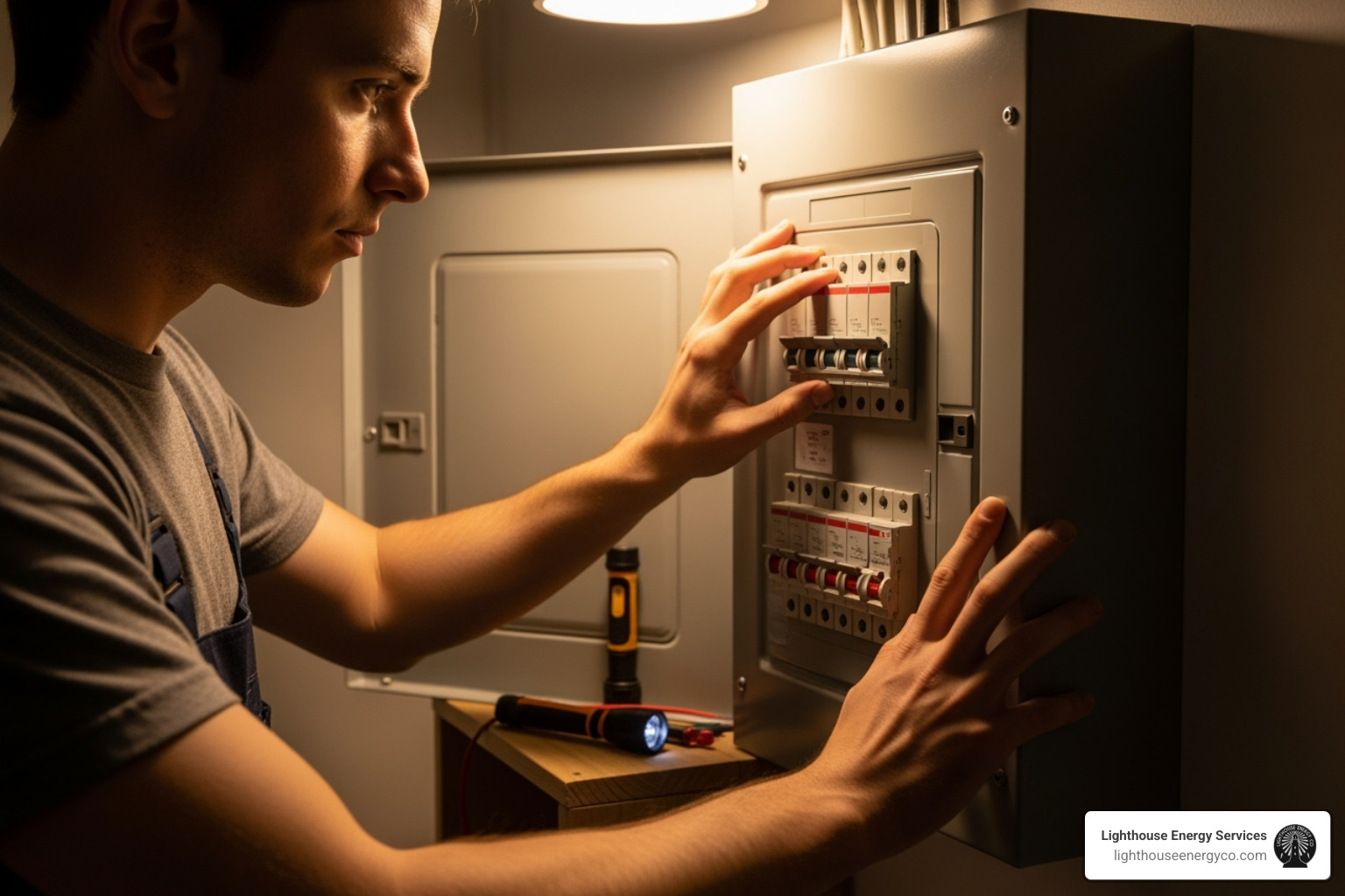 homeowner safely shutting off a circuit breaker panel - emergency electrician cost
