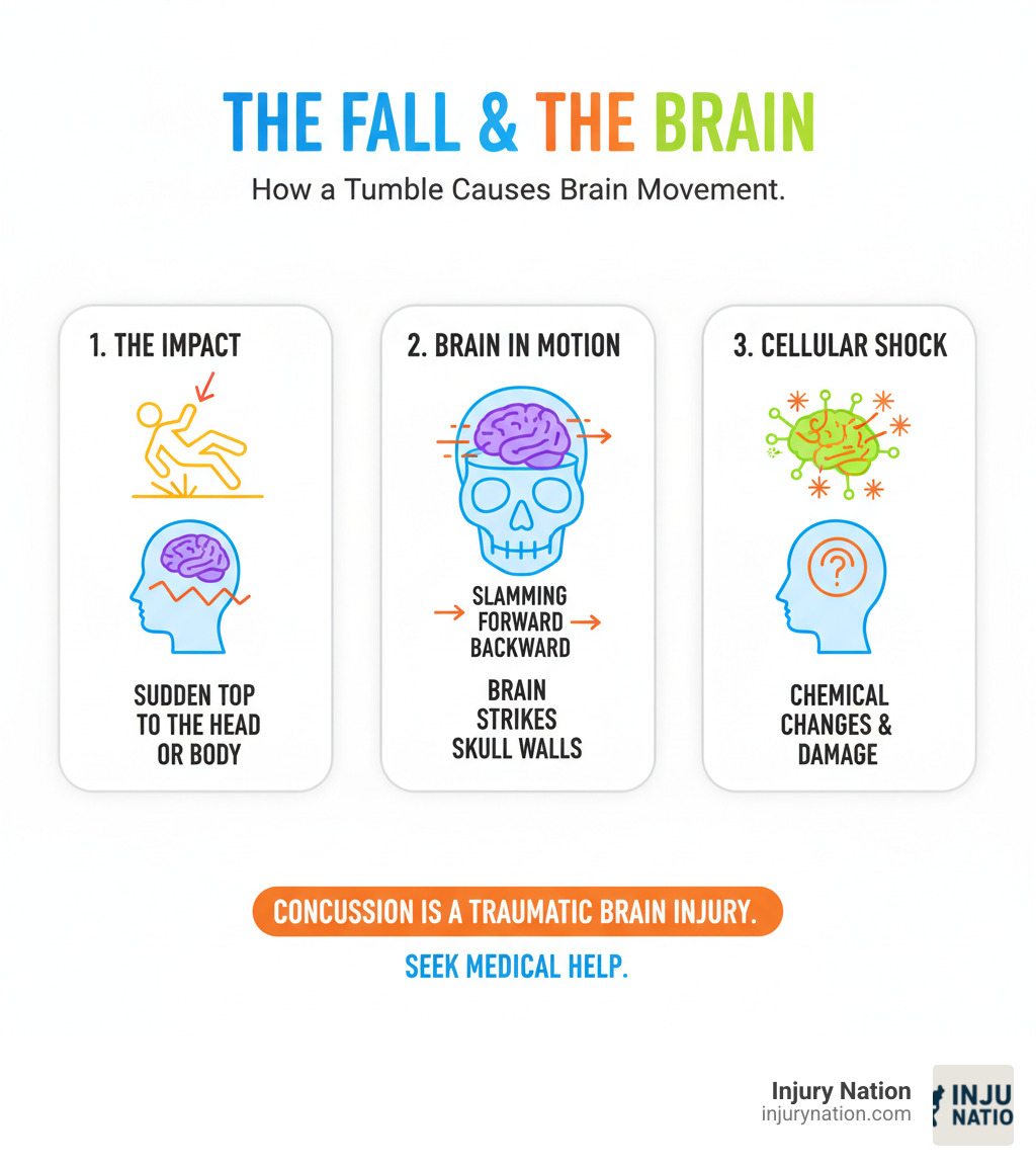 infographic explaining how a fall causes the brain to move inside the skull - Concussion from fall infographic 