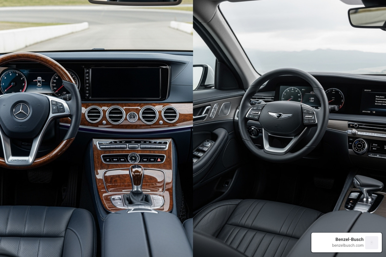 A classic Mercedes-Benz E-Class interior contrasted with a modern Genesis G80 interior - Mercedes-Benz or Genesis A classic Mercedes-Benz E-Class interior contrasted with a modern Genesis G80 interior - Mercedes-Benz or Genesis
