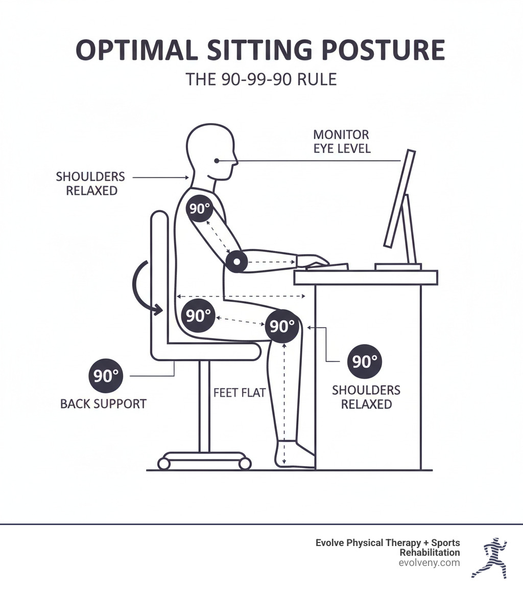 infographic showing the 90-90-90 rule: 90 degree angles at hips, knees, and elbows, with proper back support, feet flat on floor, monitor at eye level, and shoulders relaxed - sitting posture at work infographic 