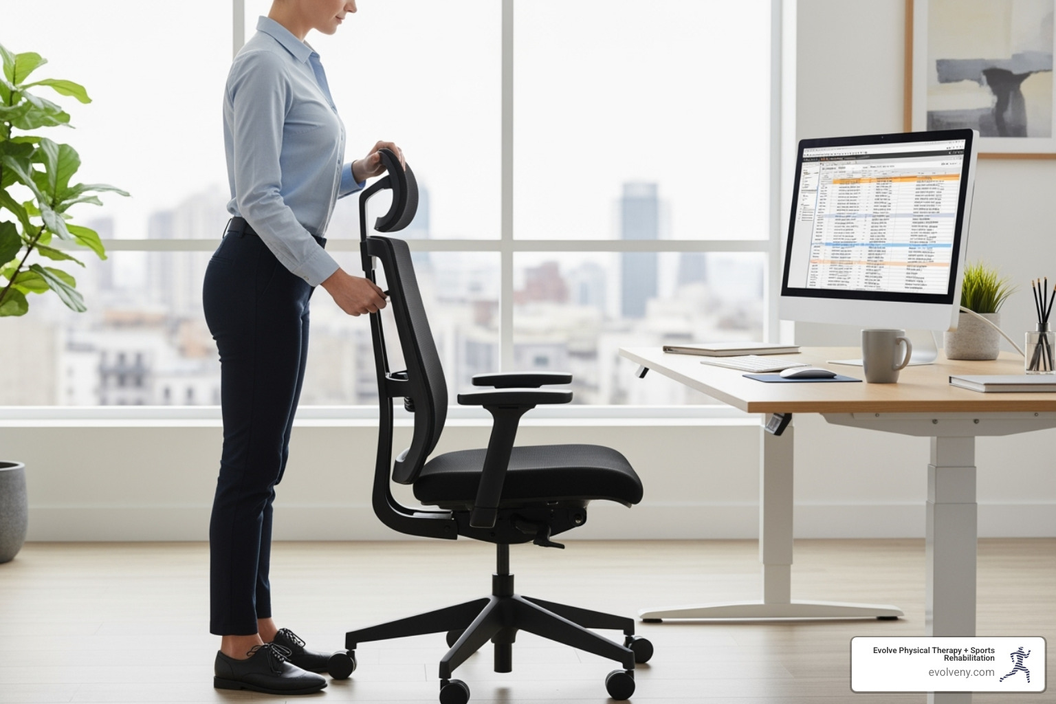 person correctly adjusting their office chair - sitting posture at work